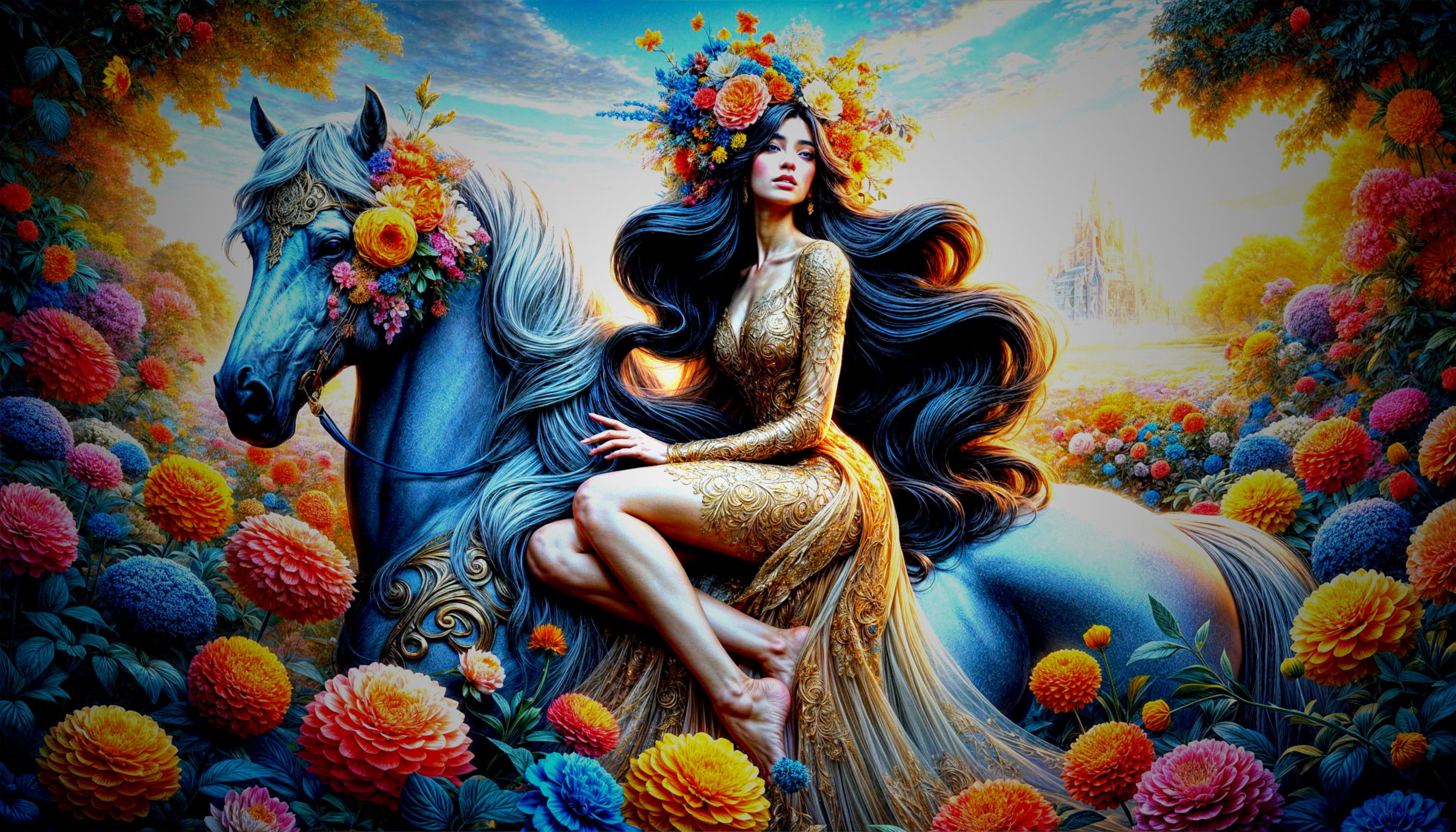 Mystical Woman on Horse in Colorful Floral Landscape