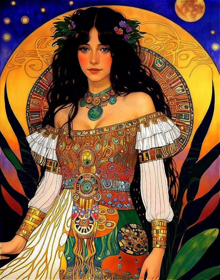 Vibrant Cultural Garments with Celestial Background