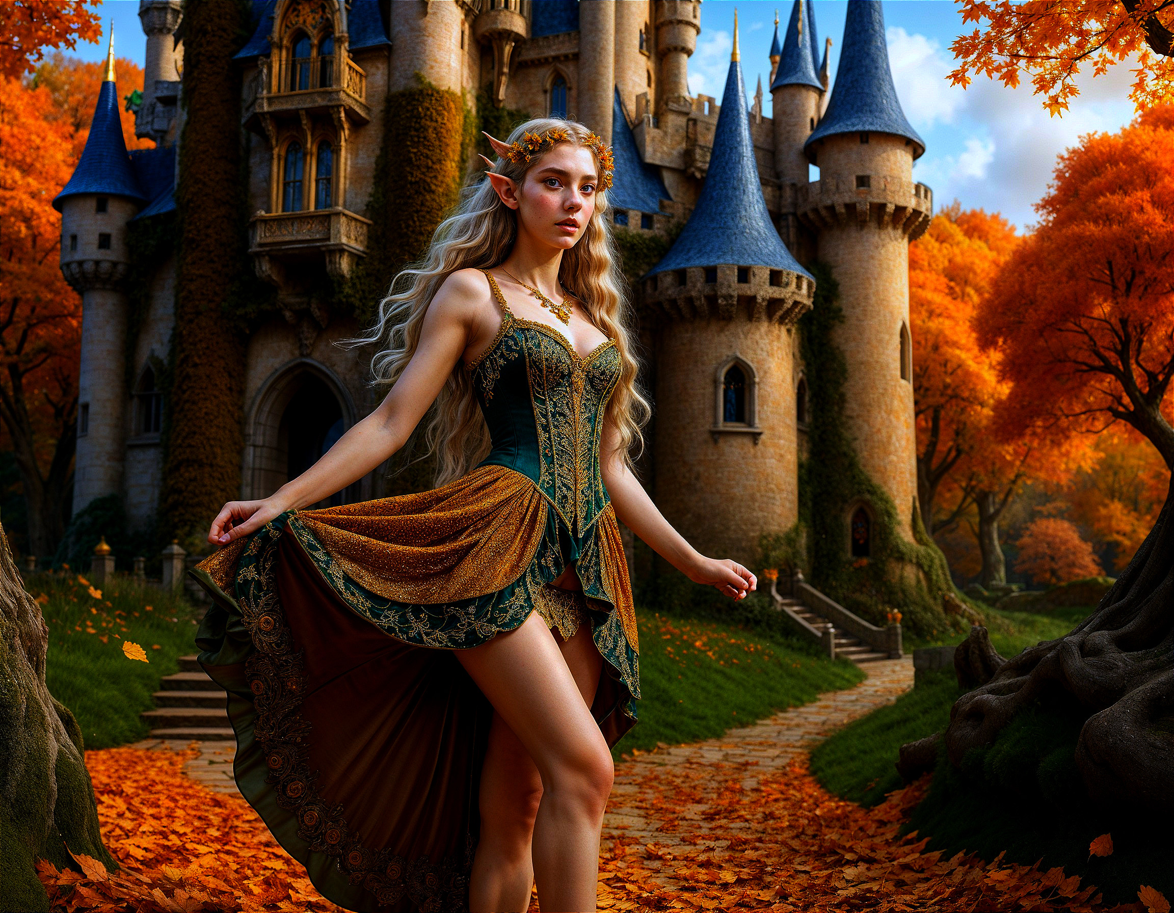 Elegant Elf in Ornate Dress by Fairytale Castle