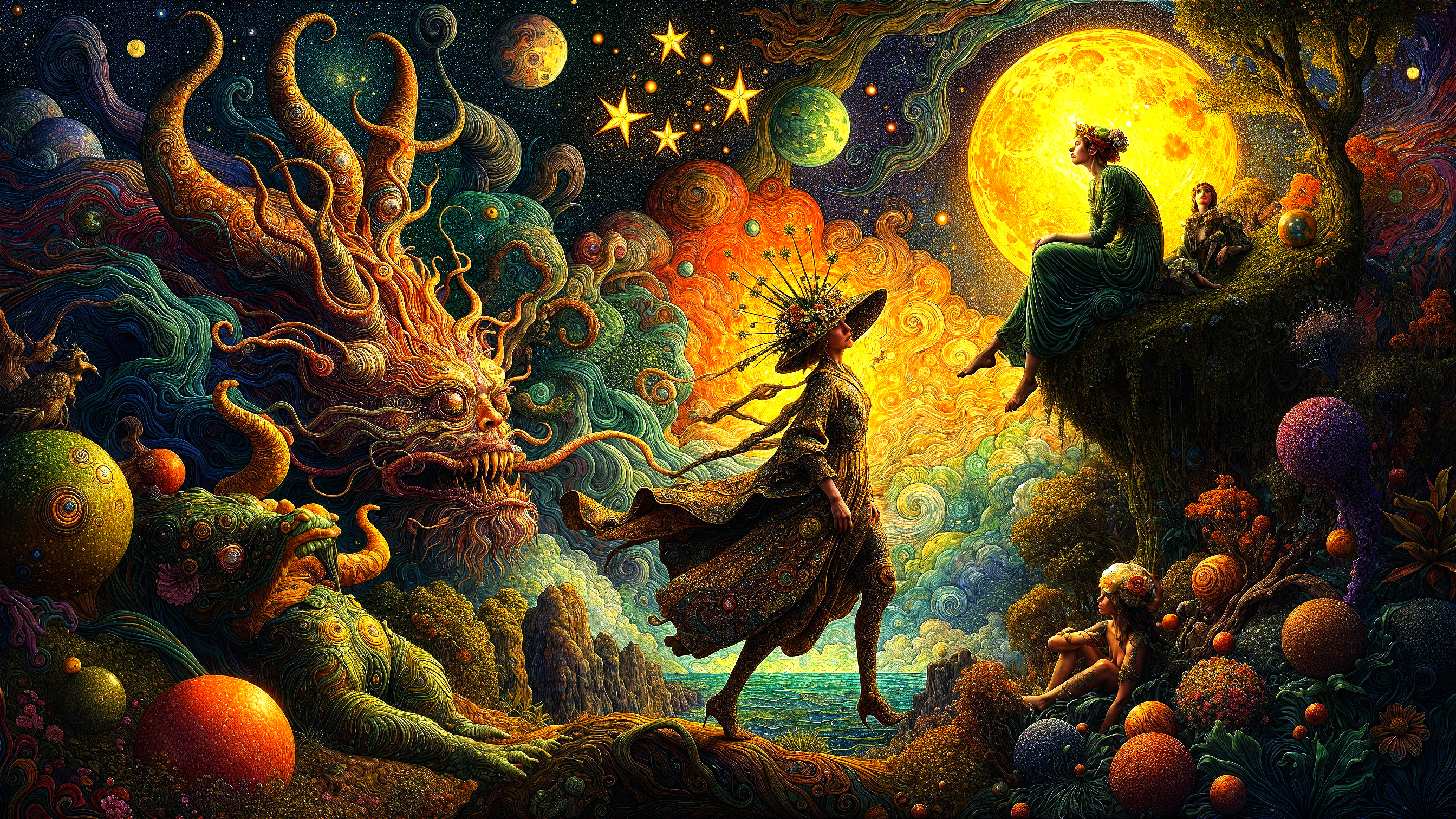 Surreal Landscape with Mystical Elements and Moonlight