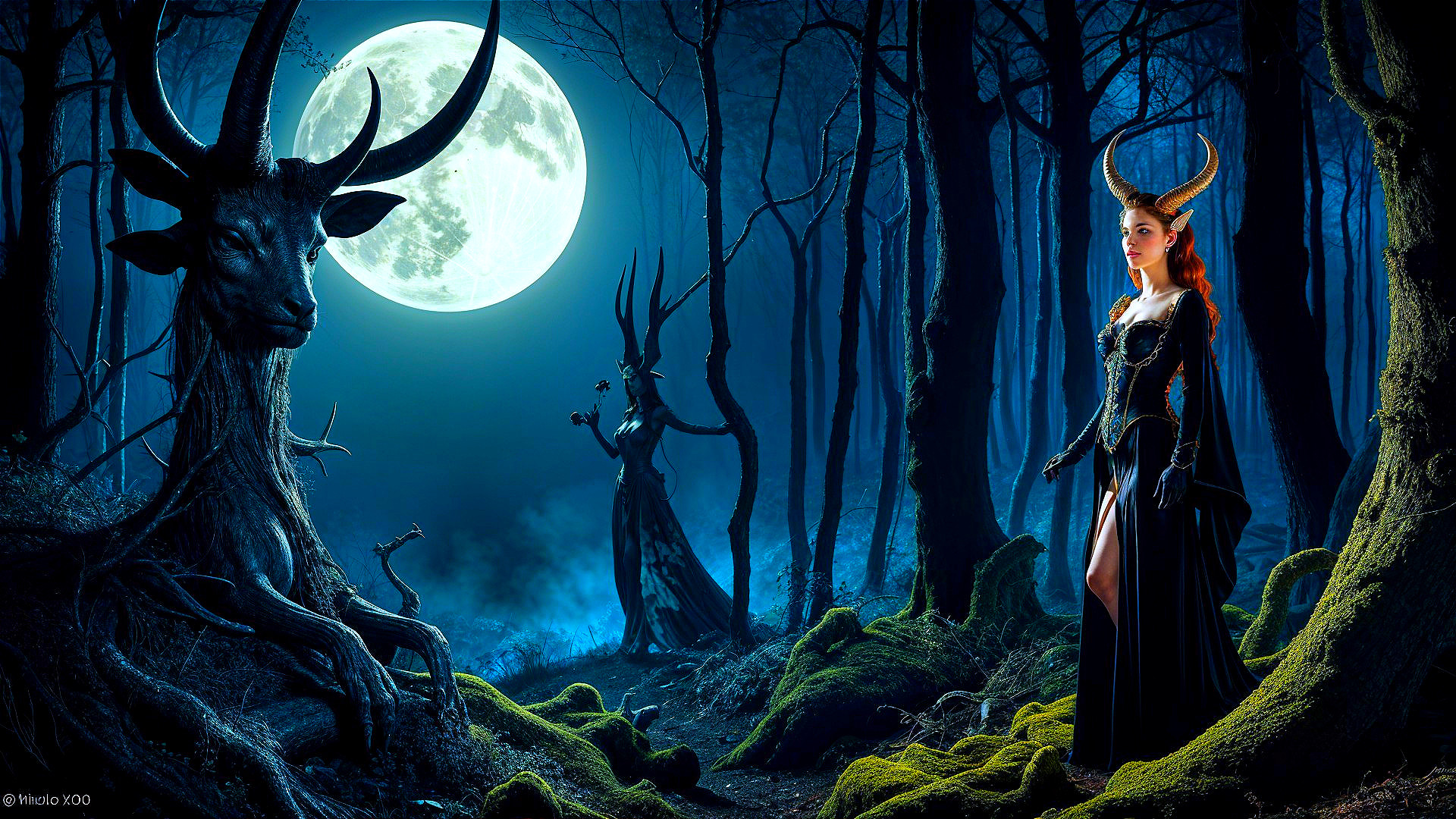 Mystical forest scene with woman and majestic stag