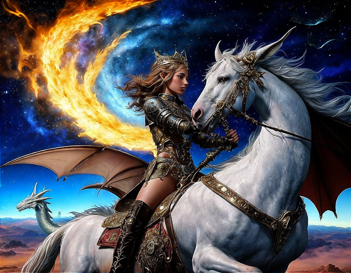 Warrior Queen on White Horse Under Cosmic Sky