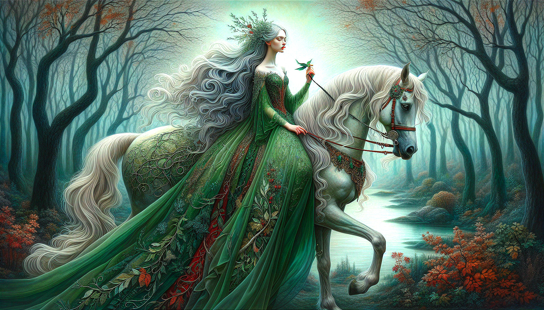 Mystical Woman in Green Gown Riding White Horse