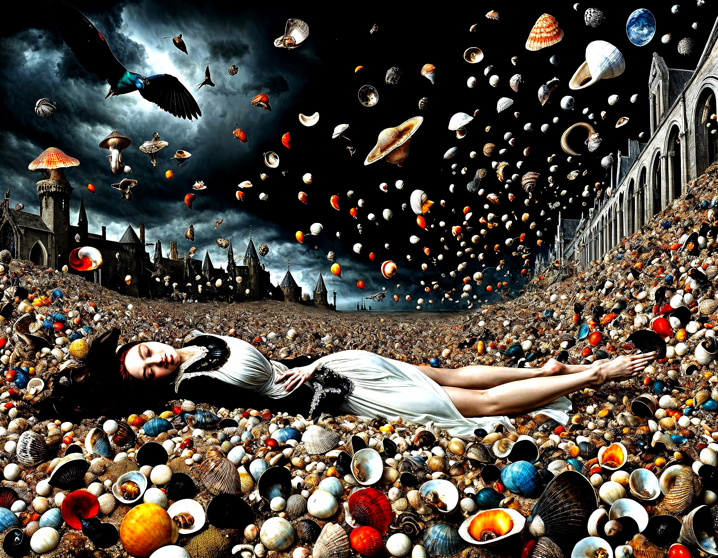 Surreal Landscape with Woman and Colorful Seashells