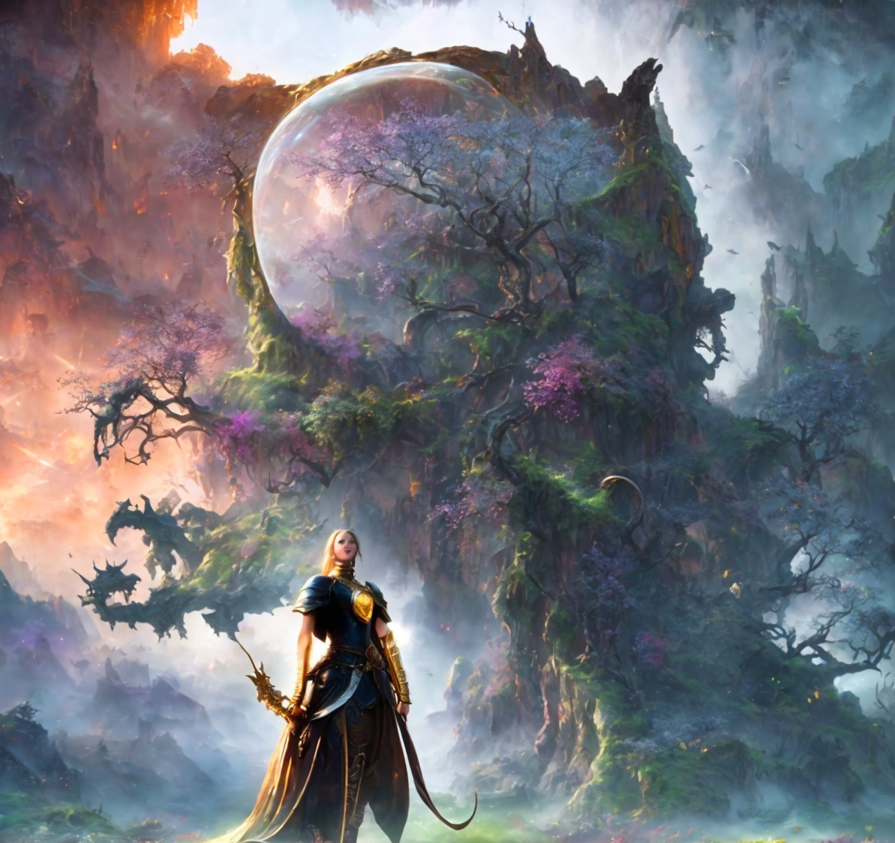 Heroic Figure Before Colossal Mystical Tree Scene
