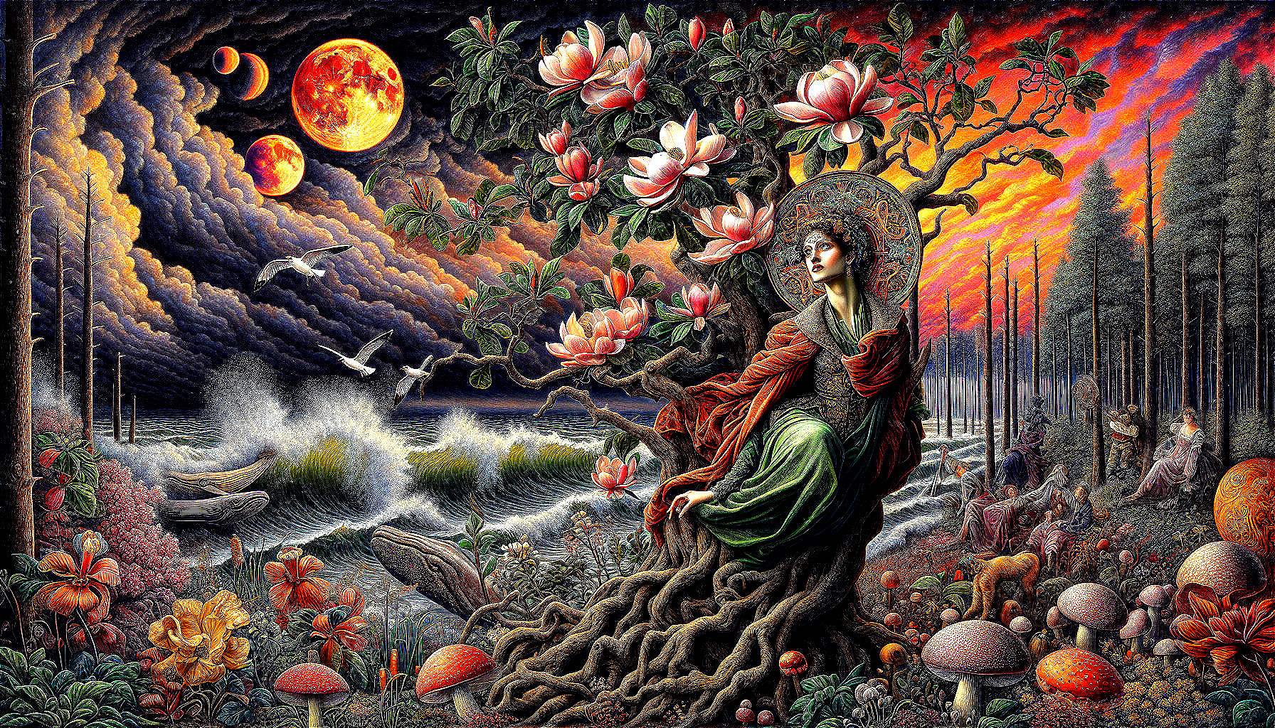 Surreal Landscape with Woman, Tree, and Vibrant Sunset