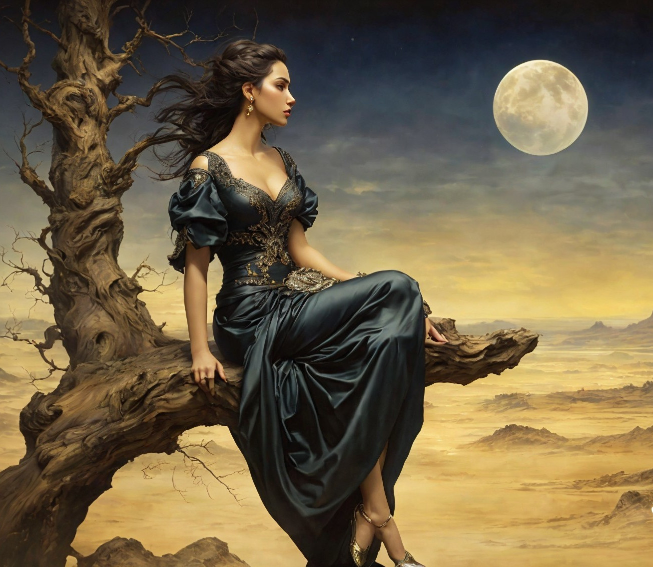 Mysterious Woman in Dark Gown on Tree Branch