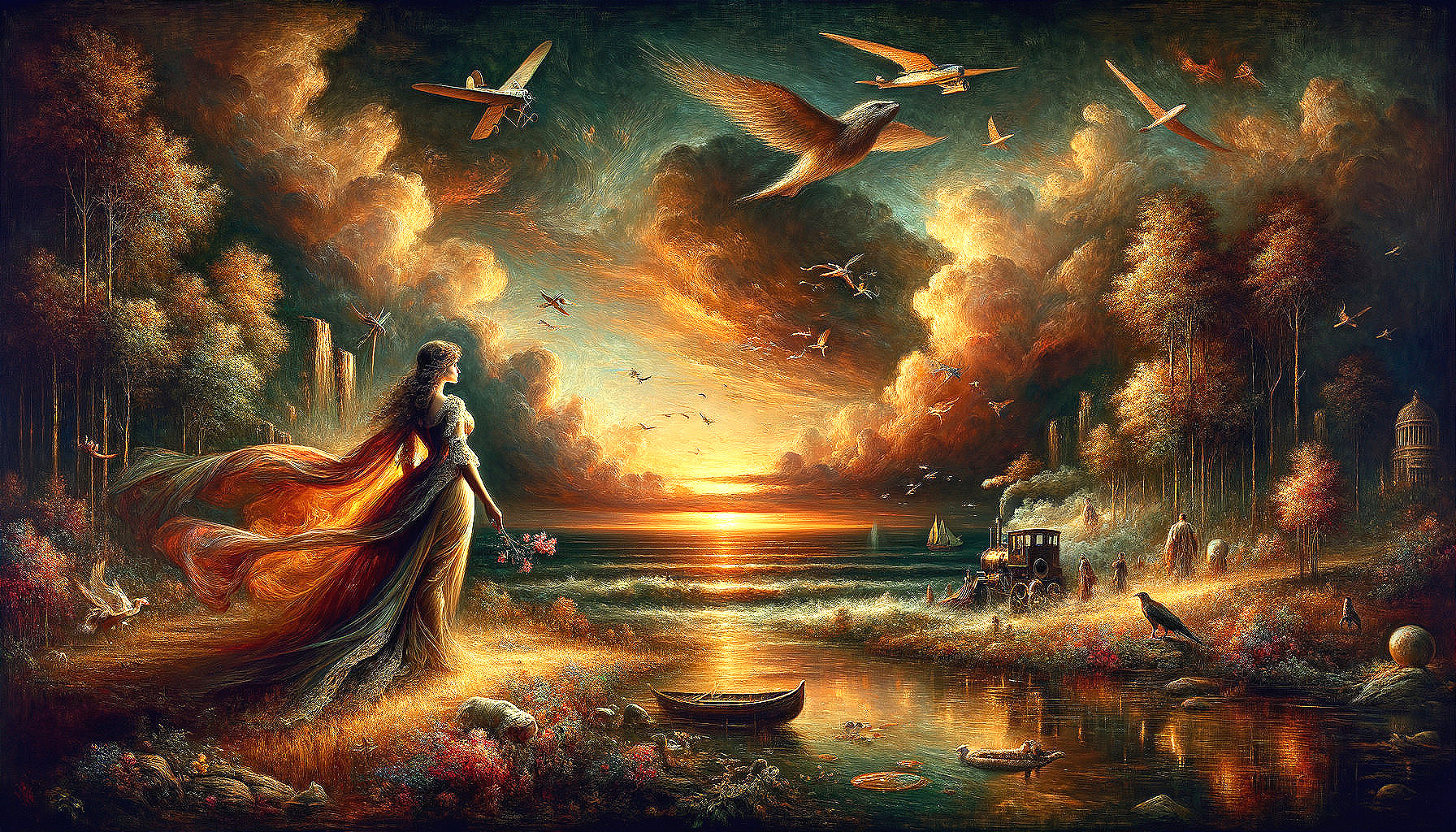 Mystical Sunset Landscape with Woman and Steam Train