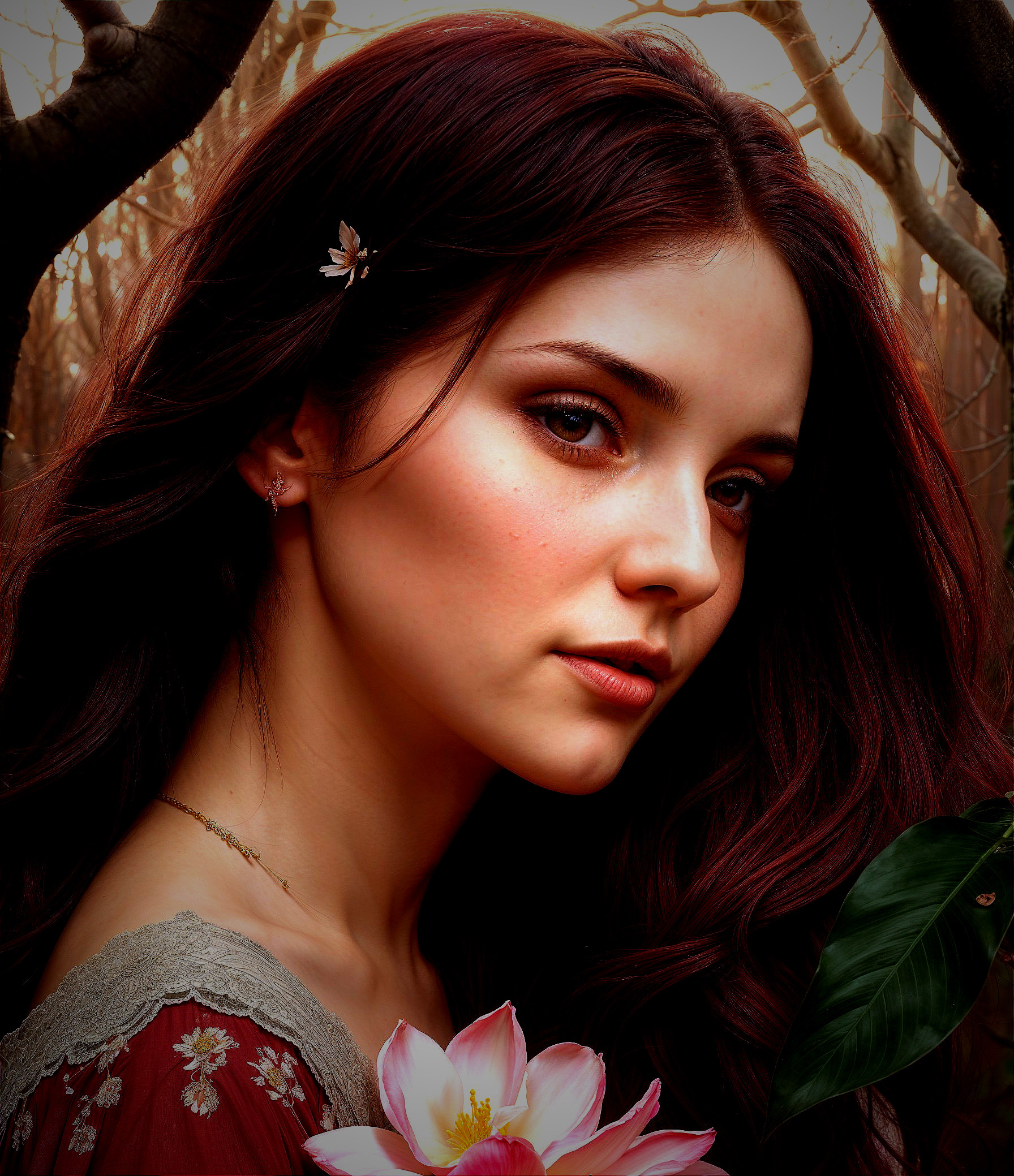 Young woman in red dress with floral hairpin and flower