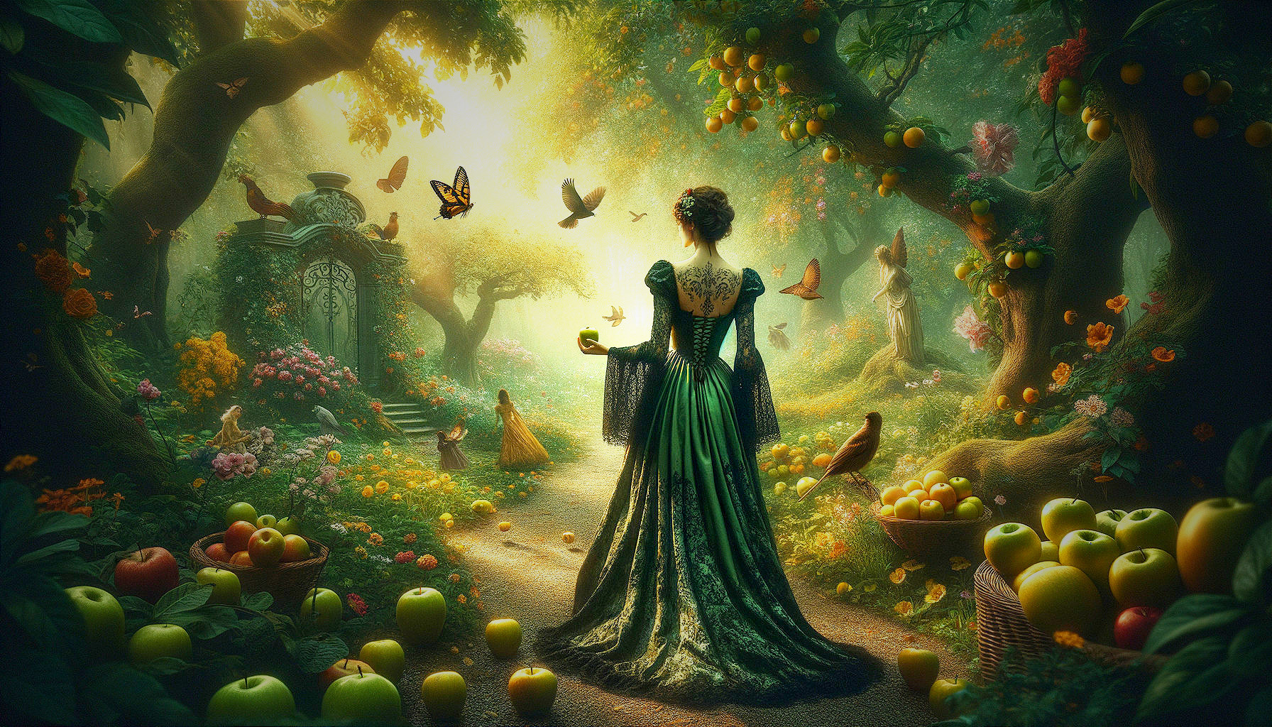 Young woman in green gown in a magical forest scene