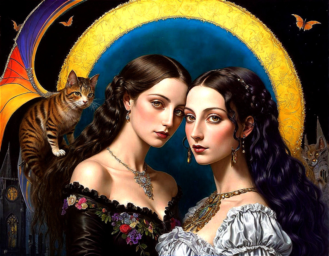 Elegant Women in Vintage Clothing with Mystical Background