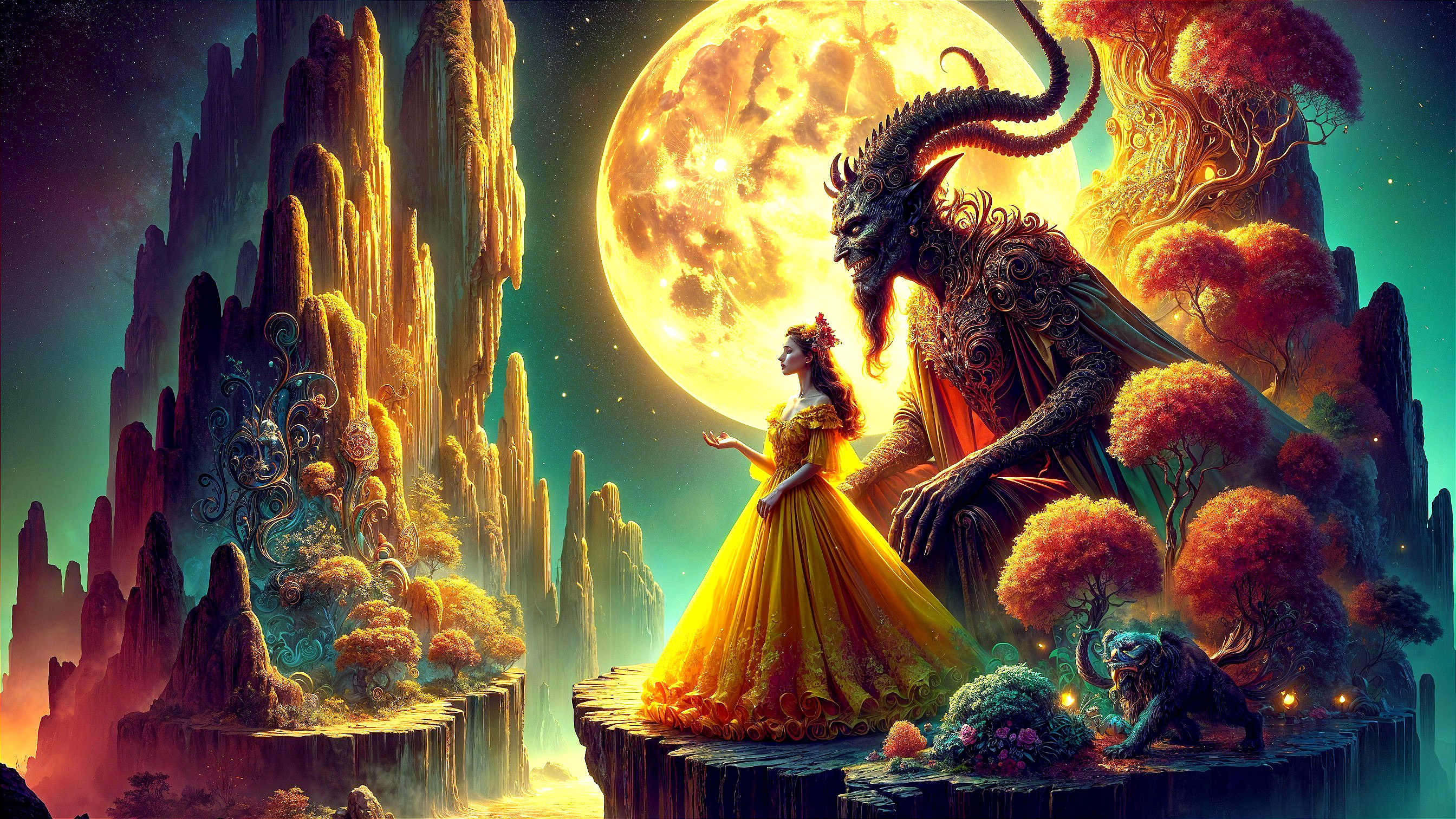 Fantastical Landscape with Moon and Majestic Creature