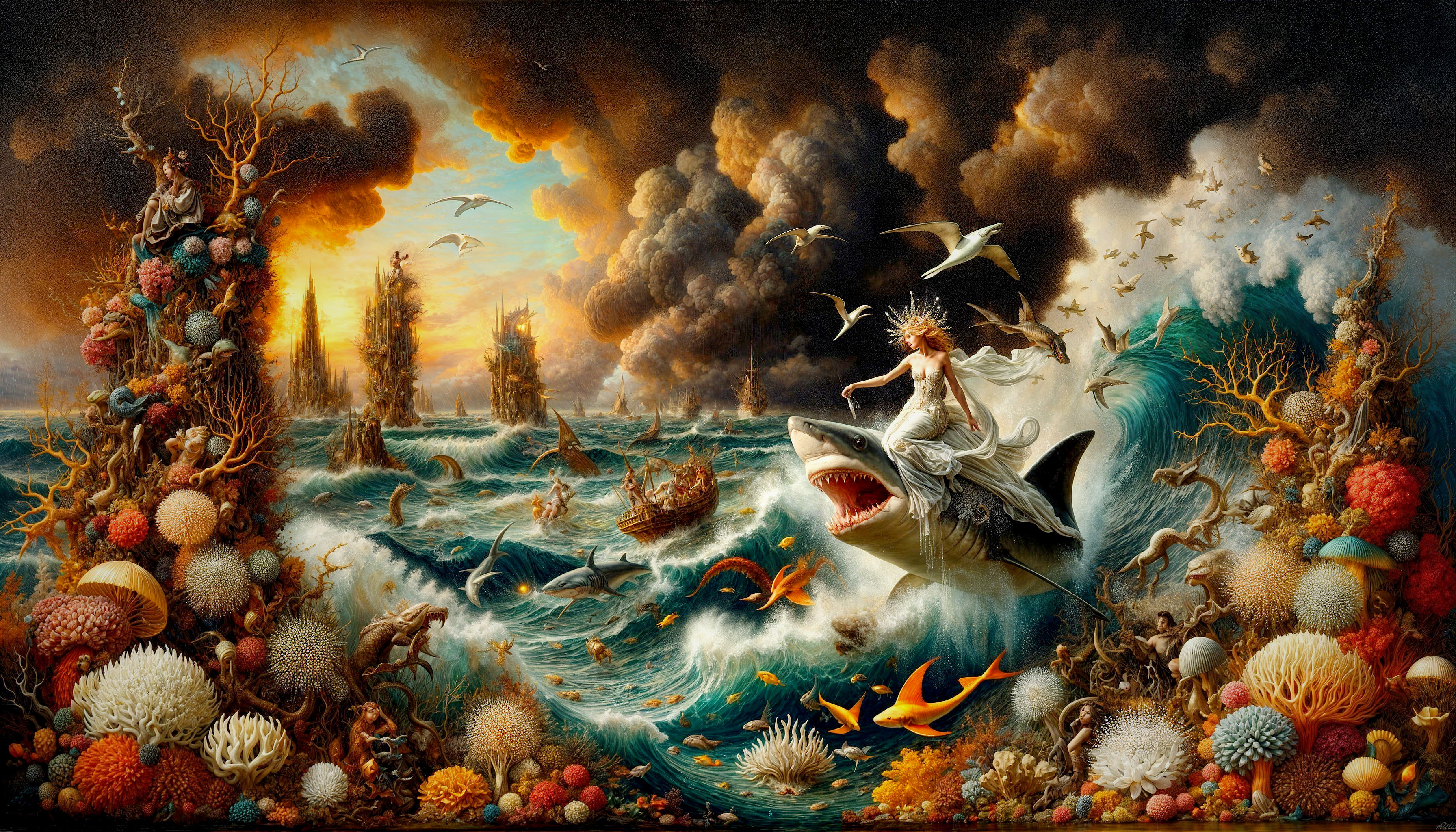 Woman Riding Shark in Surreal Ocean Scene