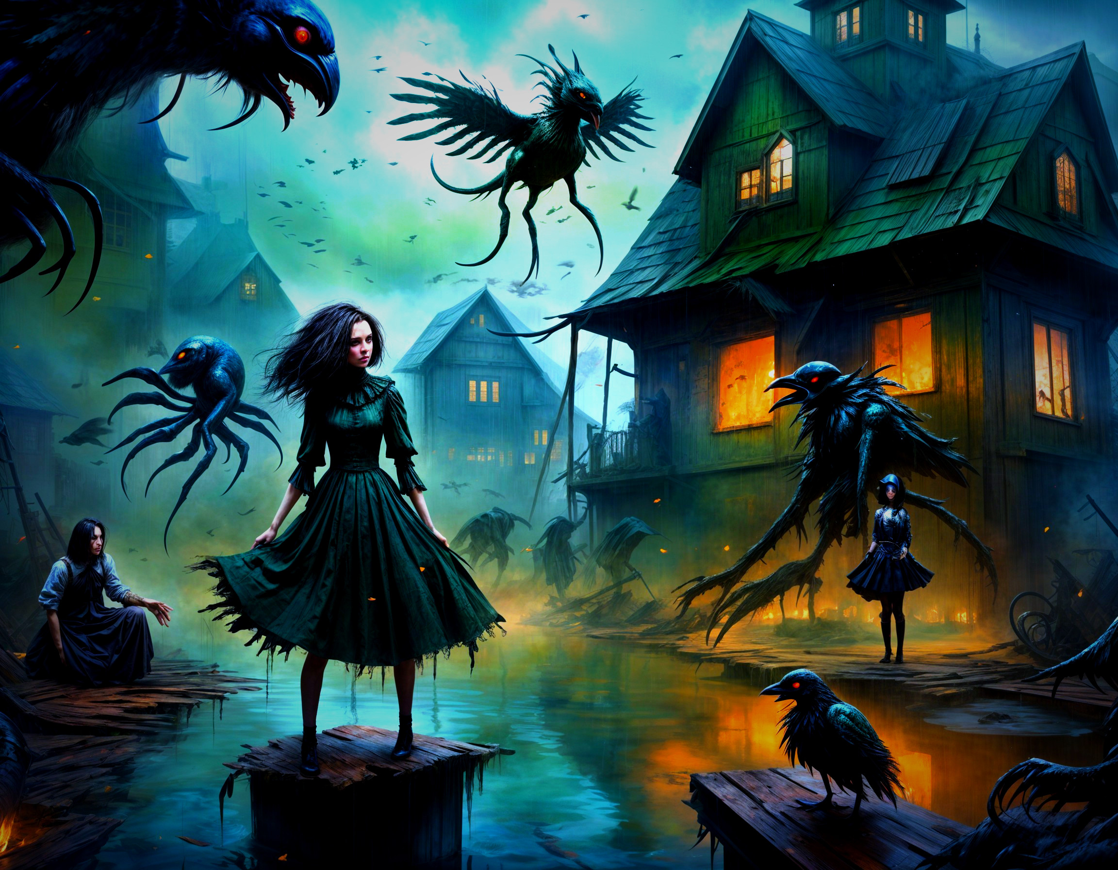 Young girl in green dress amid shadowy creatures