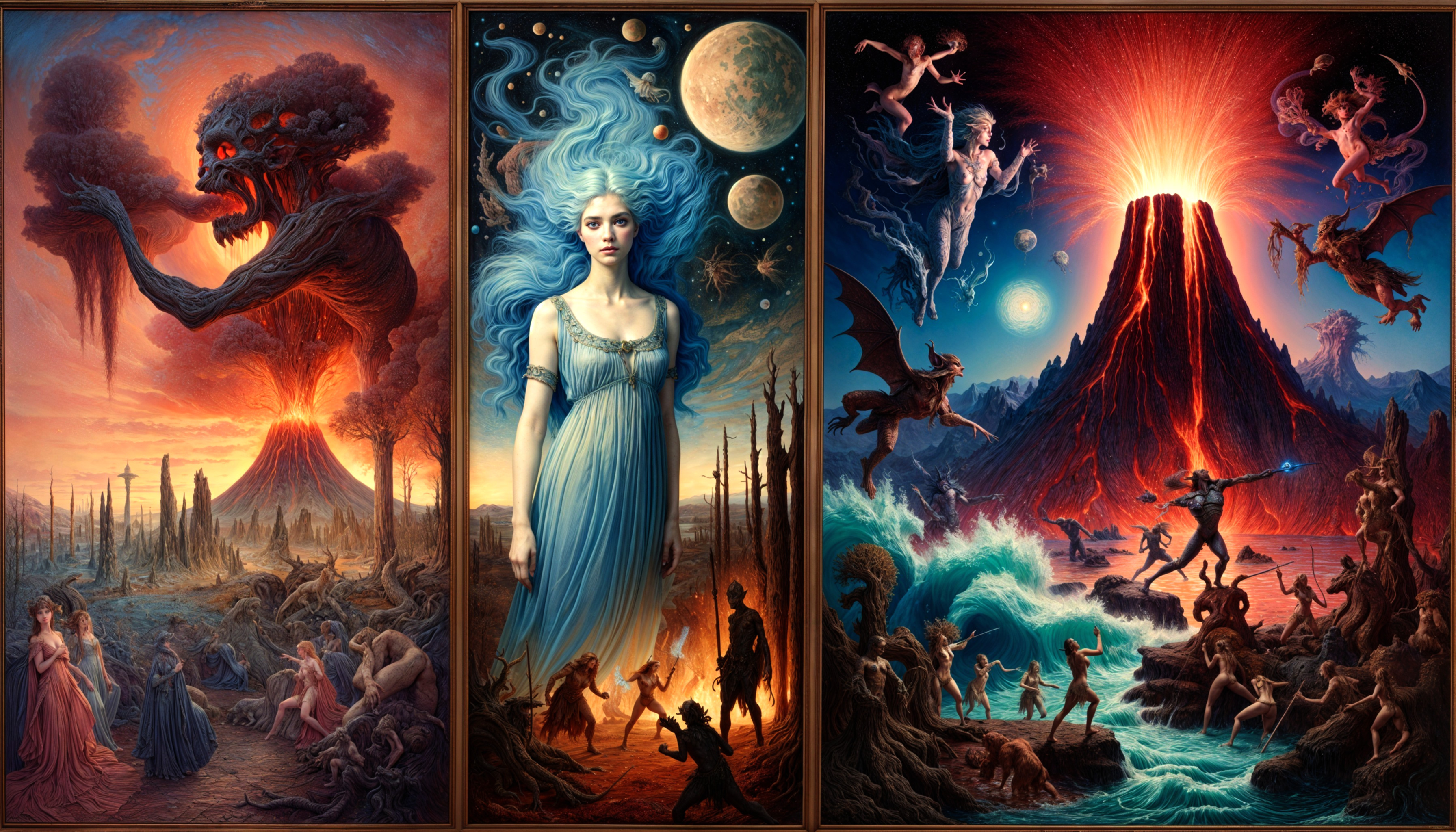 Triptych Depicting Chaos, Calm, and Natural Forces