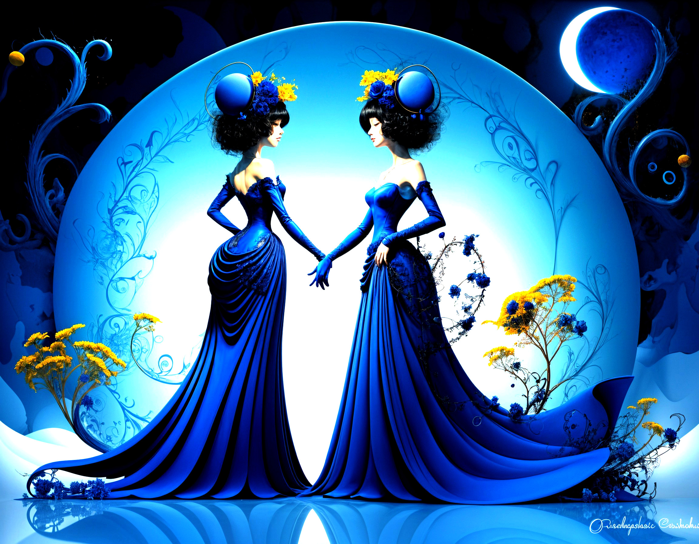 Elegantly Dressed Figures in Blue Gowns with Celestial Background