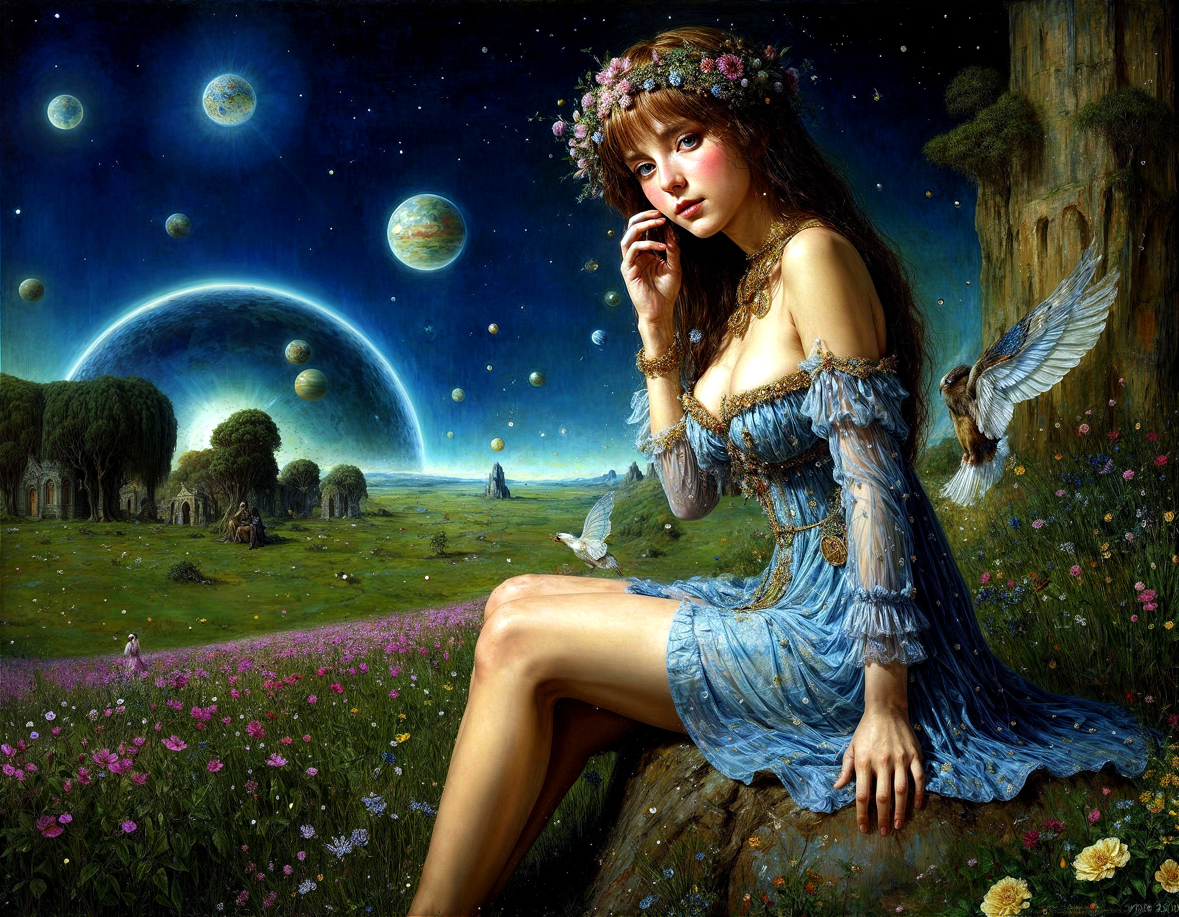 Dreamy Landscape with Starry Sky and Floral Elements