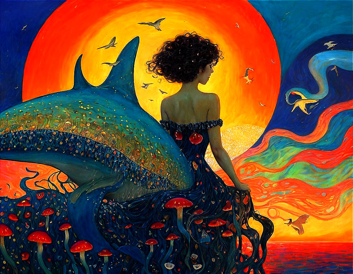 Surreal Scene with Woman, Whale, and Vibrant Landscape