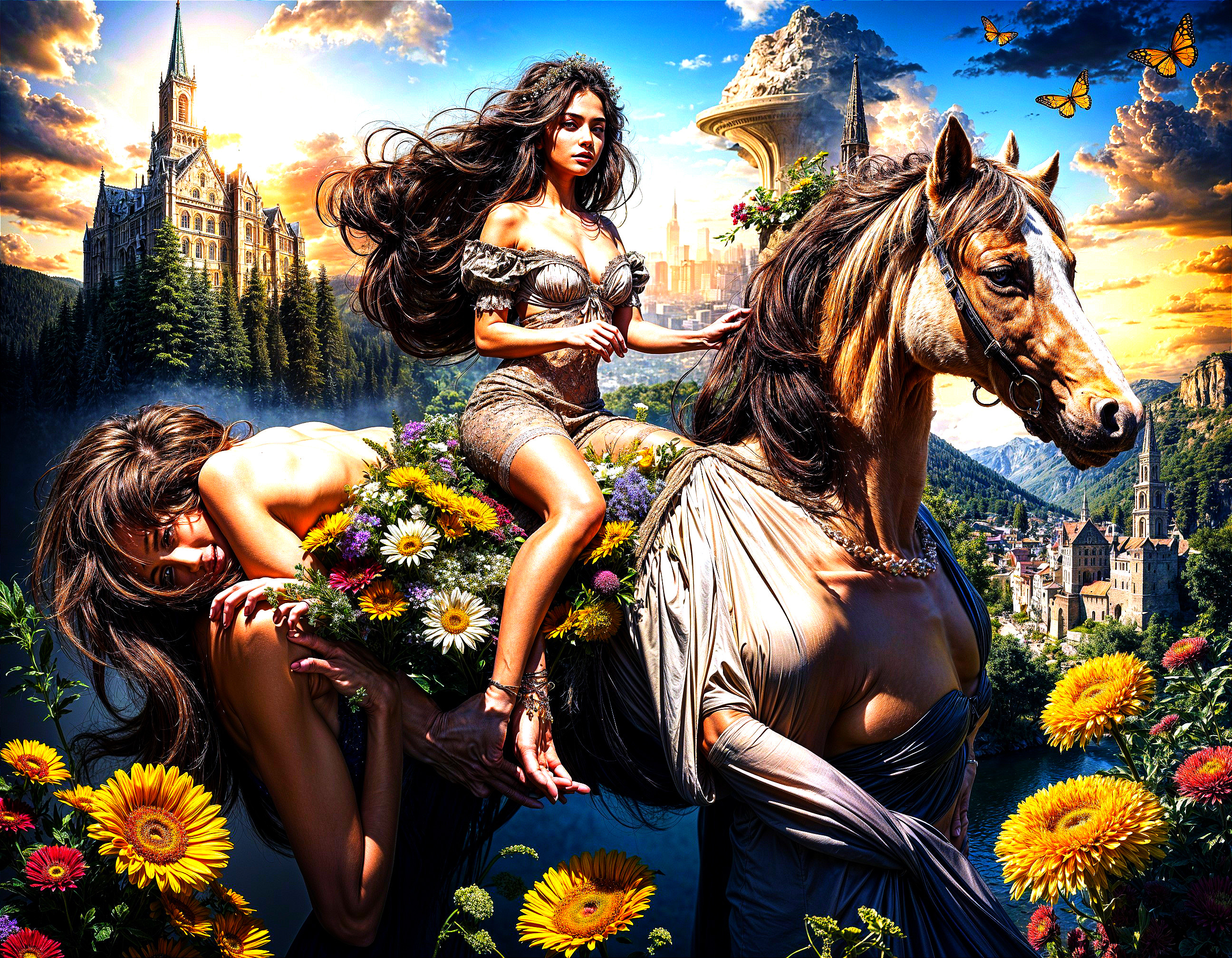 Majestic Horse and Woman in a Vibrant Fantasy Landscape