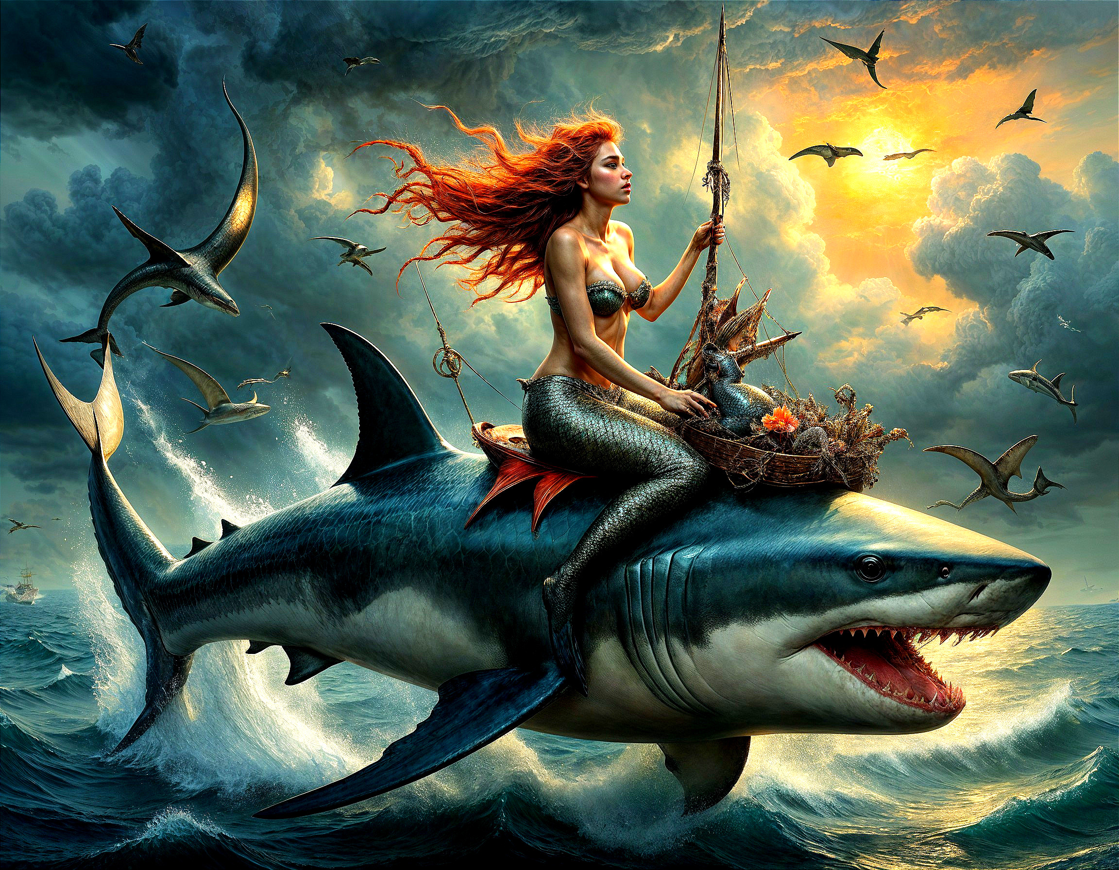 Mermaid on Shark with Treasures in Dramatic Ocean Scene