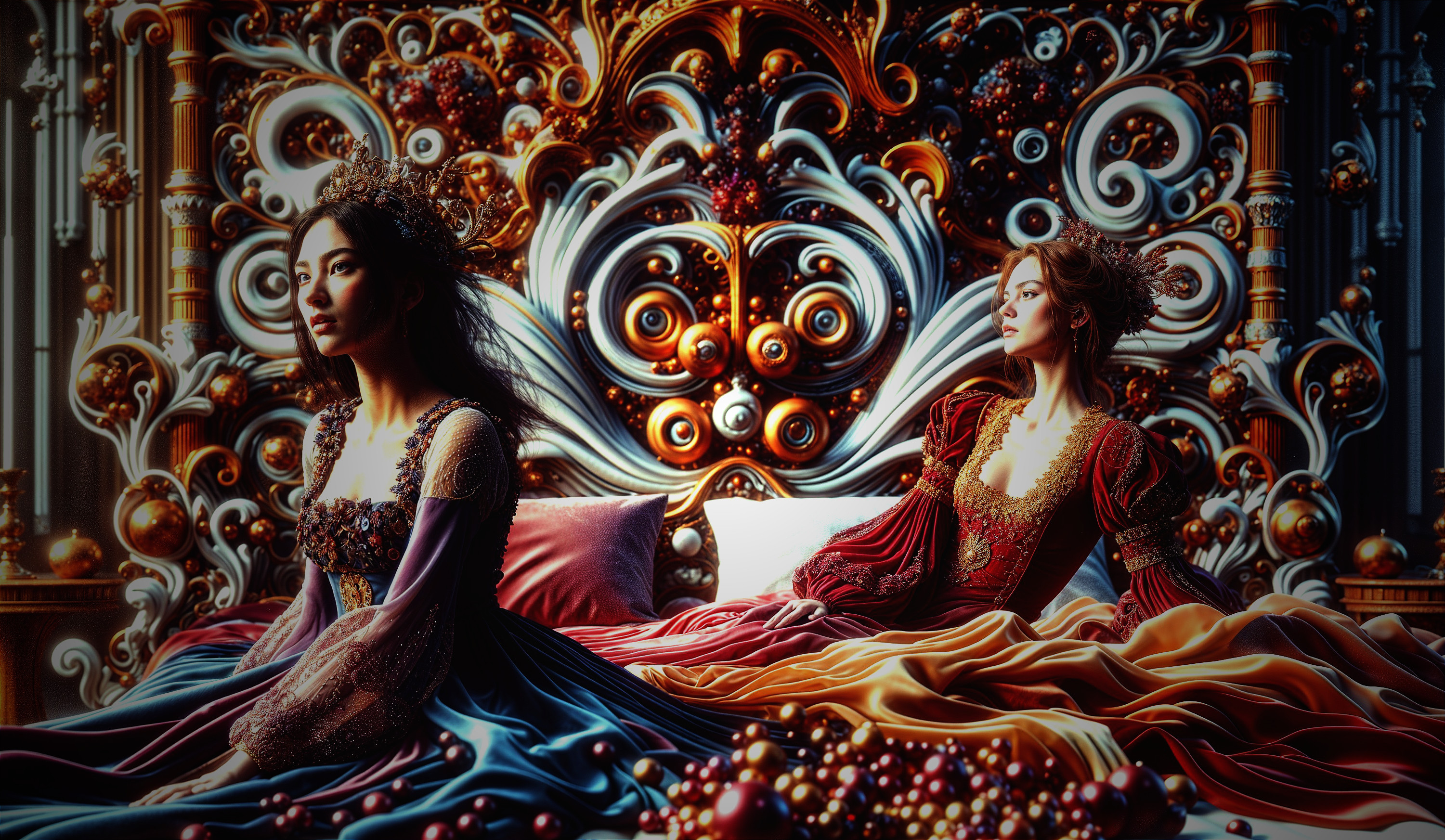 Elegant Women in Vintage Attire on Ornate Bed