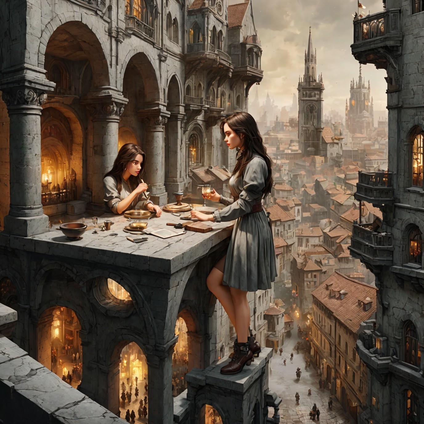 Detailed Cityscape with Women Overlooking Medieval Town
