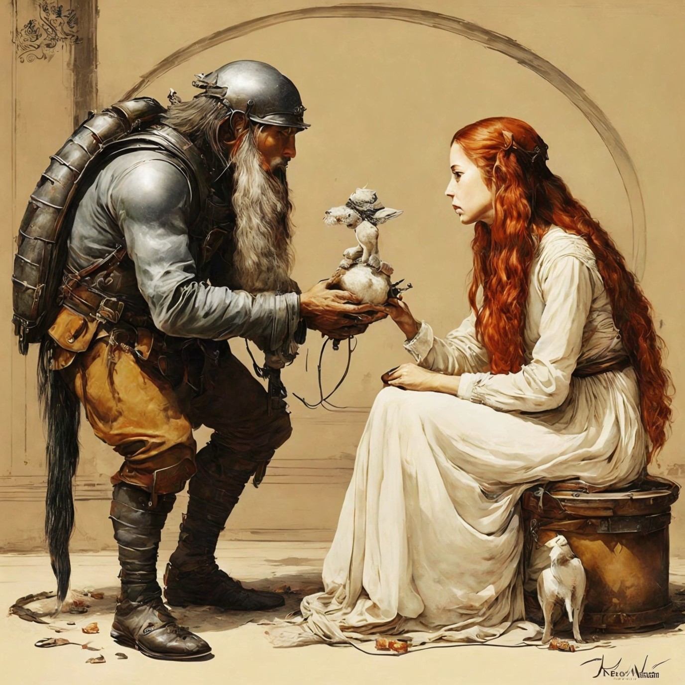 Rugged Man Presents Fluffy Creature to Woman in Dress