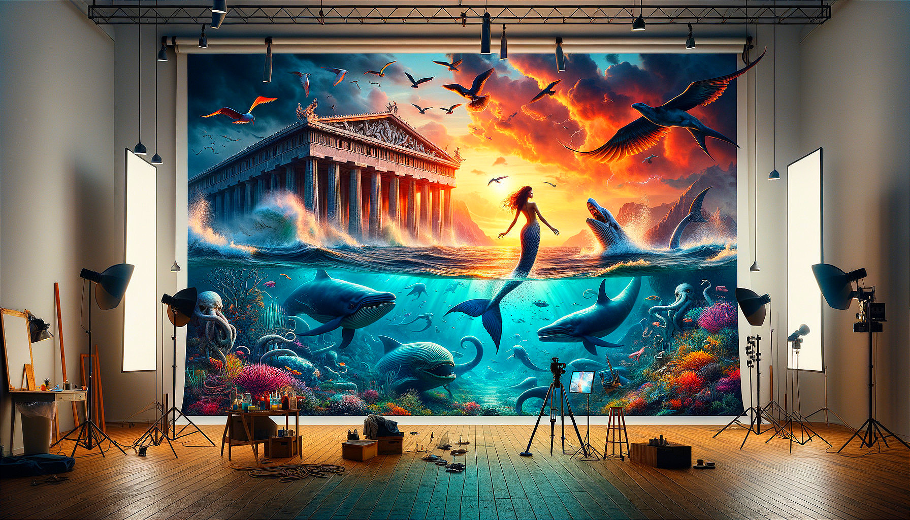 Vibrant Mural of Underwater Scene with Mermaid and Ruins