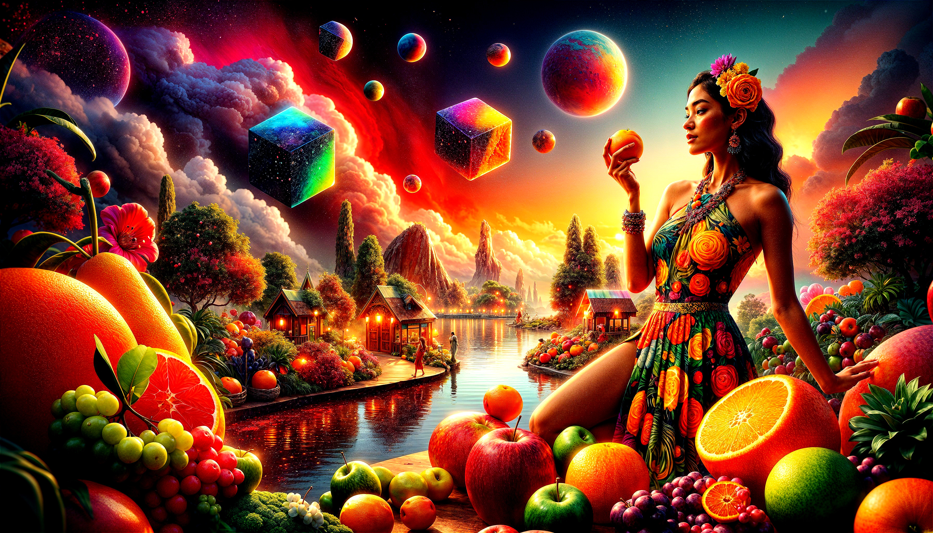 Surreal Landscape with Fruits and Cosmic Elements