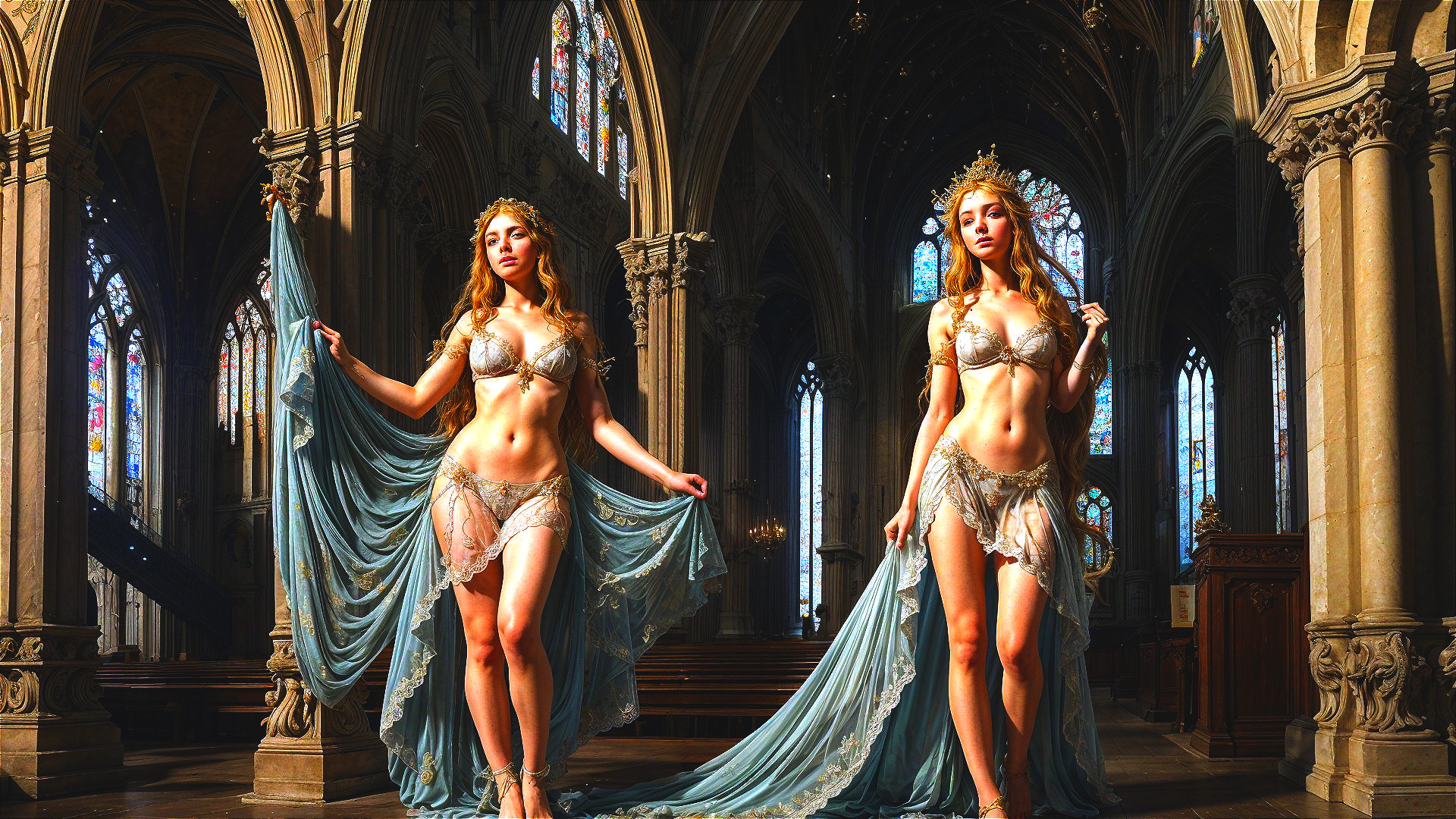 Elegant Figures in a Grand Cathedral Setting