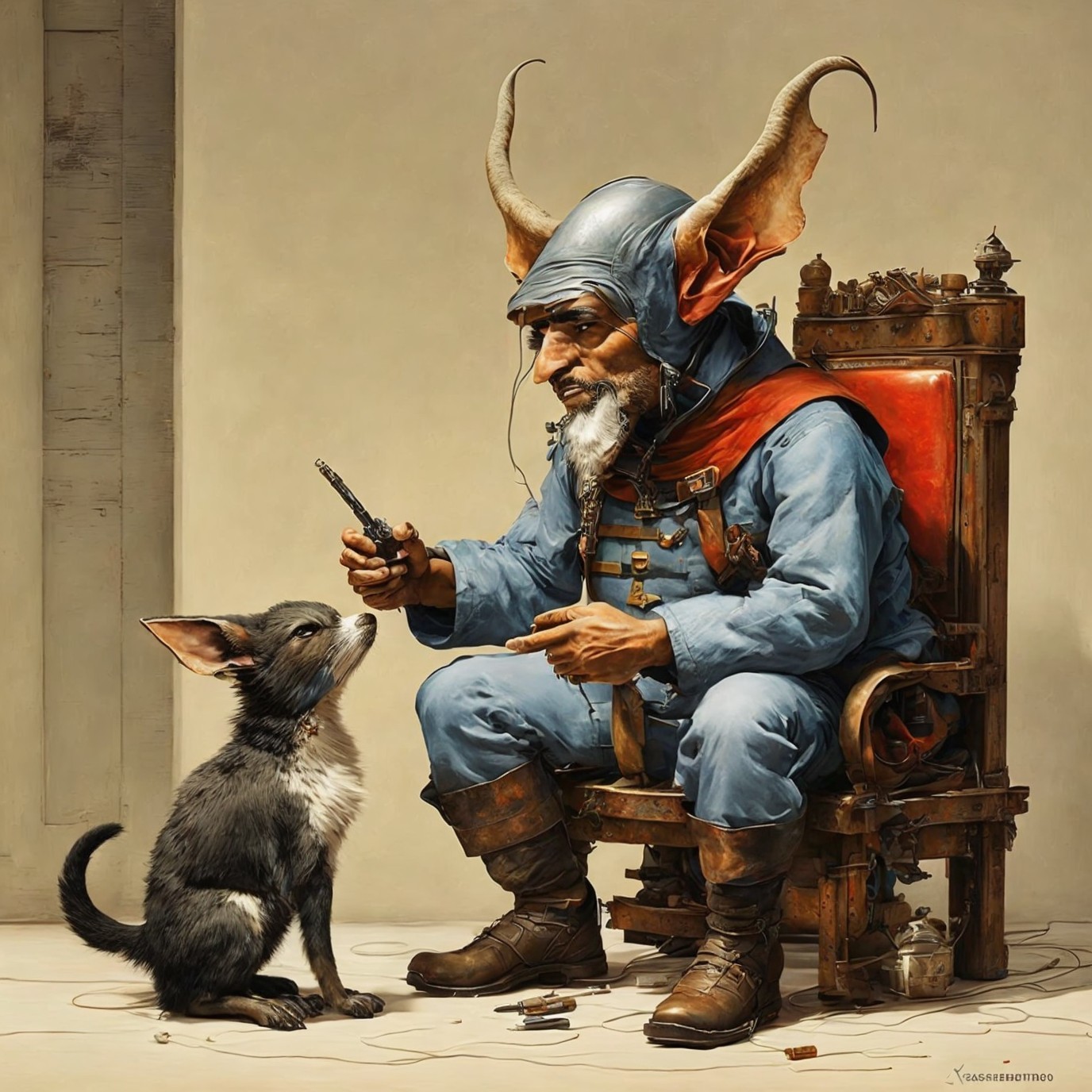 Whimsical Scene of Dwarf Figure and Fox-like Dog