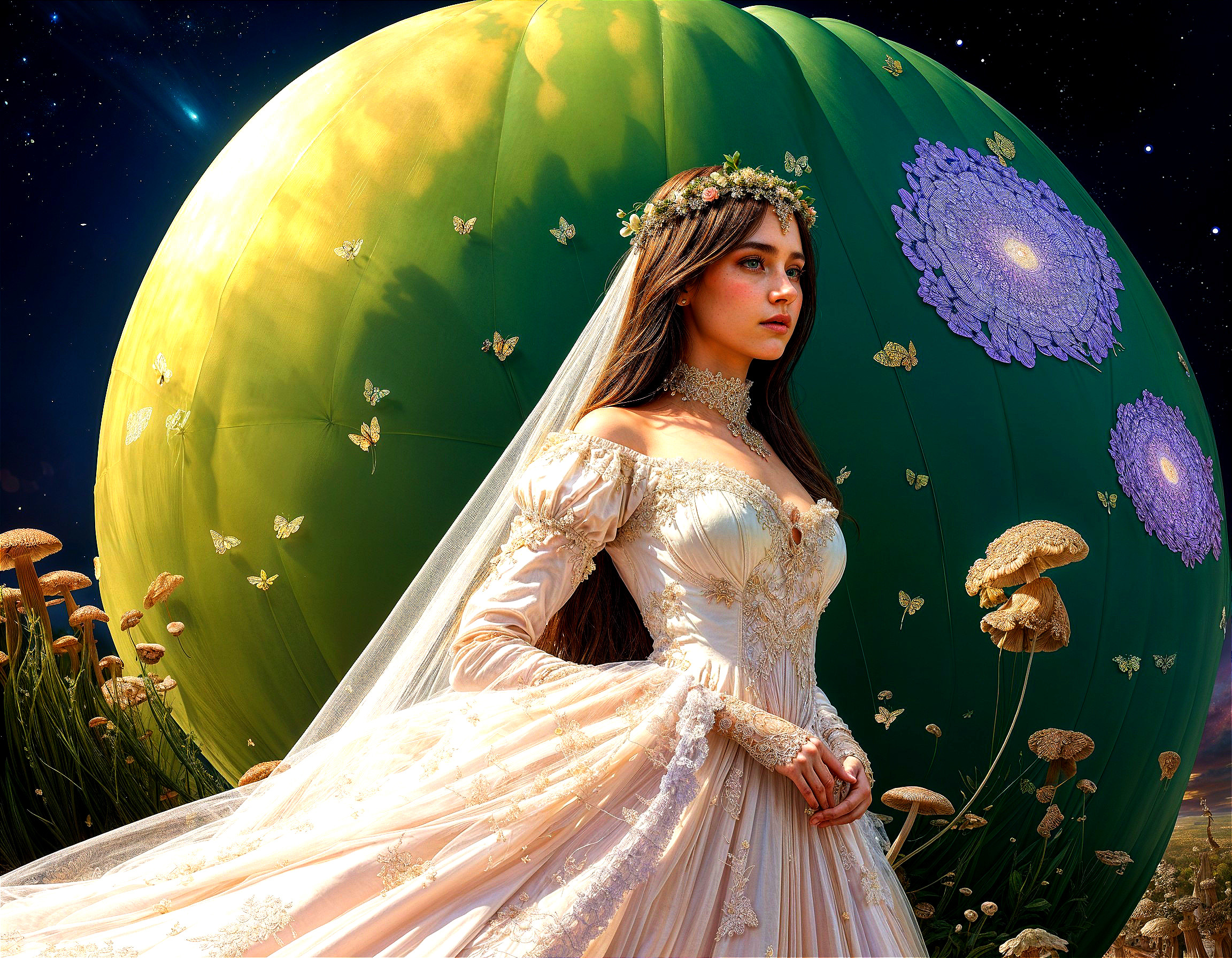 Elegant Woman in White Gown with Floral Crown and Butterflies