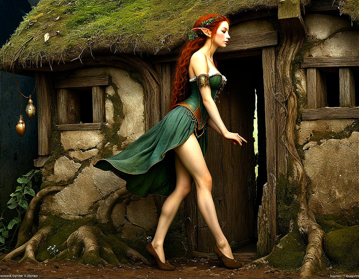 Elf in Green Dress Exiting Woodland Cottage Scene