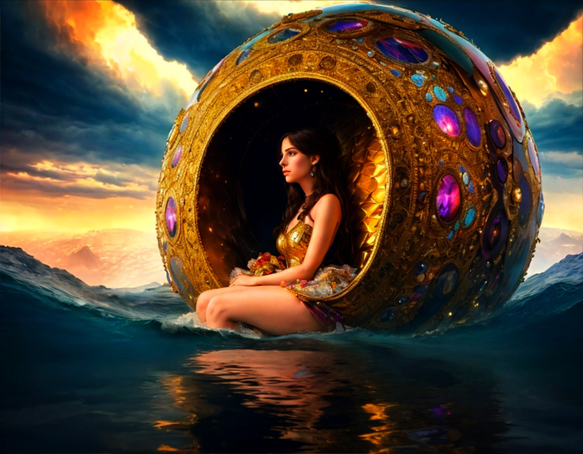 Mystical Scene of a Woman in a Golden Orb