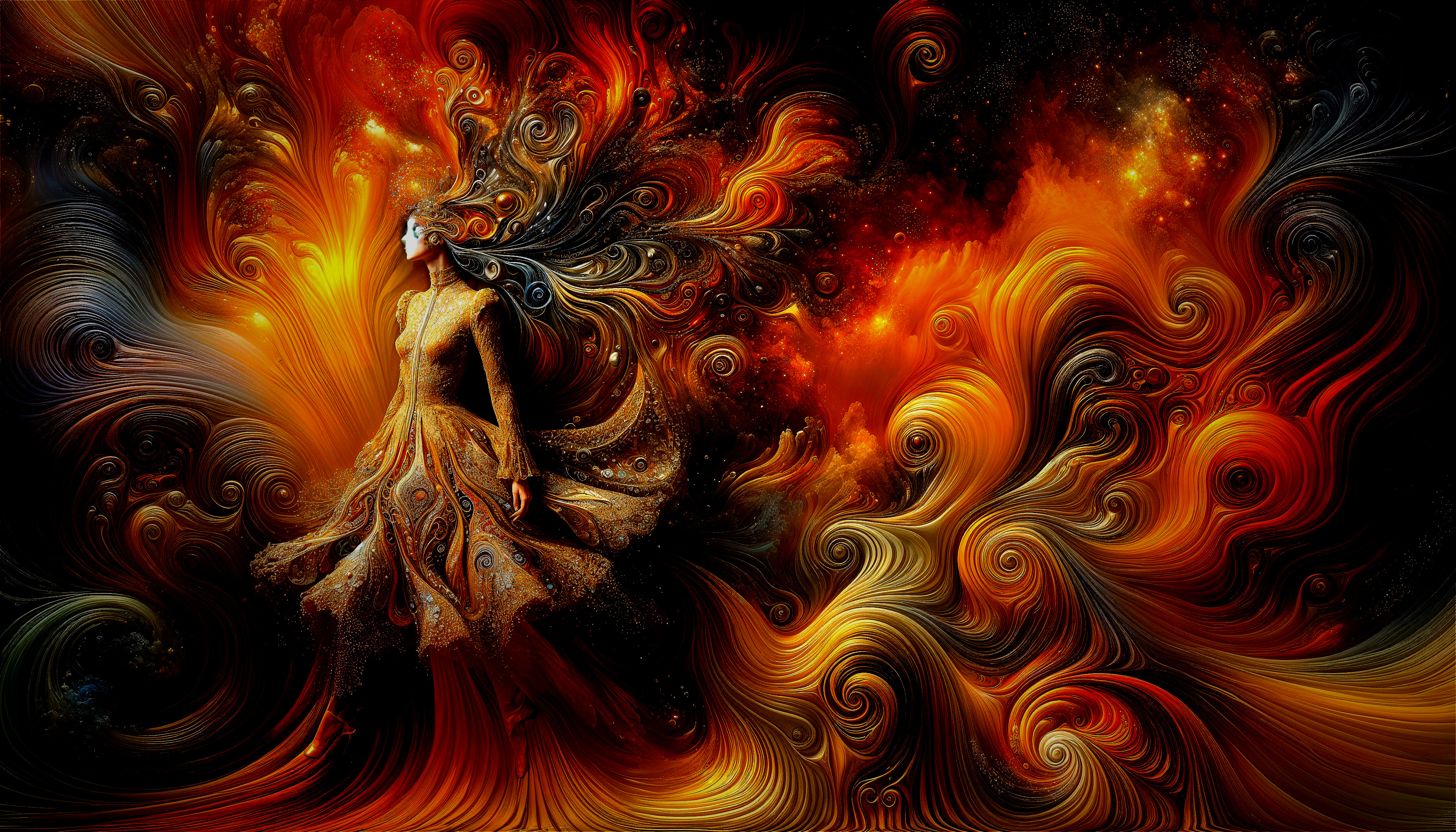 Ethereal Figure in Vibrant Flame-Inspired Background