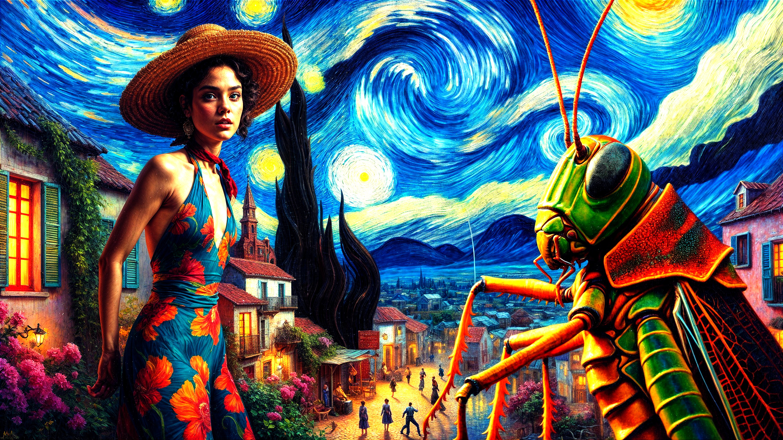Surreal Scene of Woman and Grasshopper at Night
