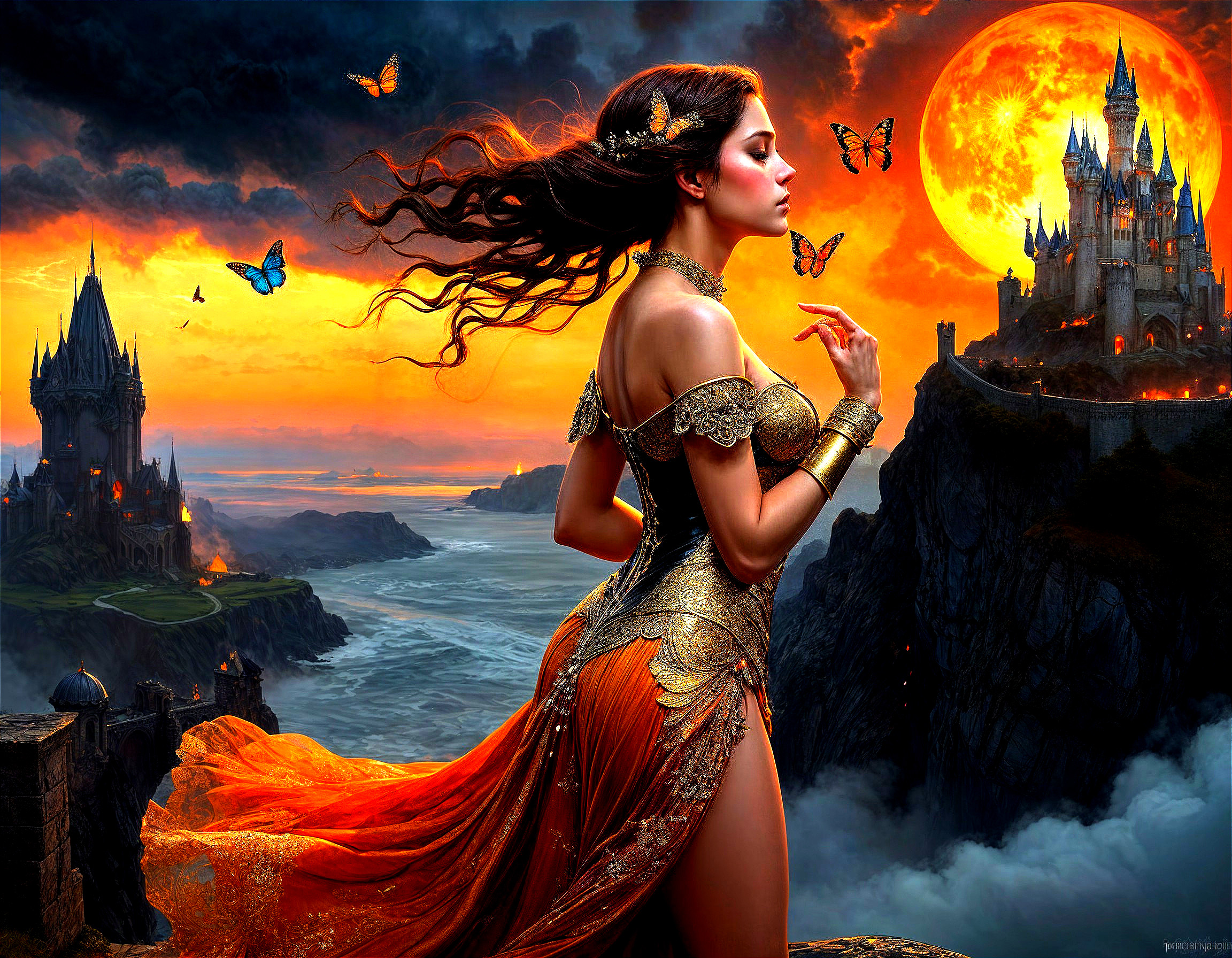 Mystical Woman in Golden Gown at Sunset Landscape