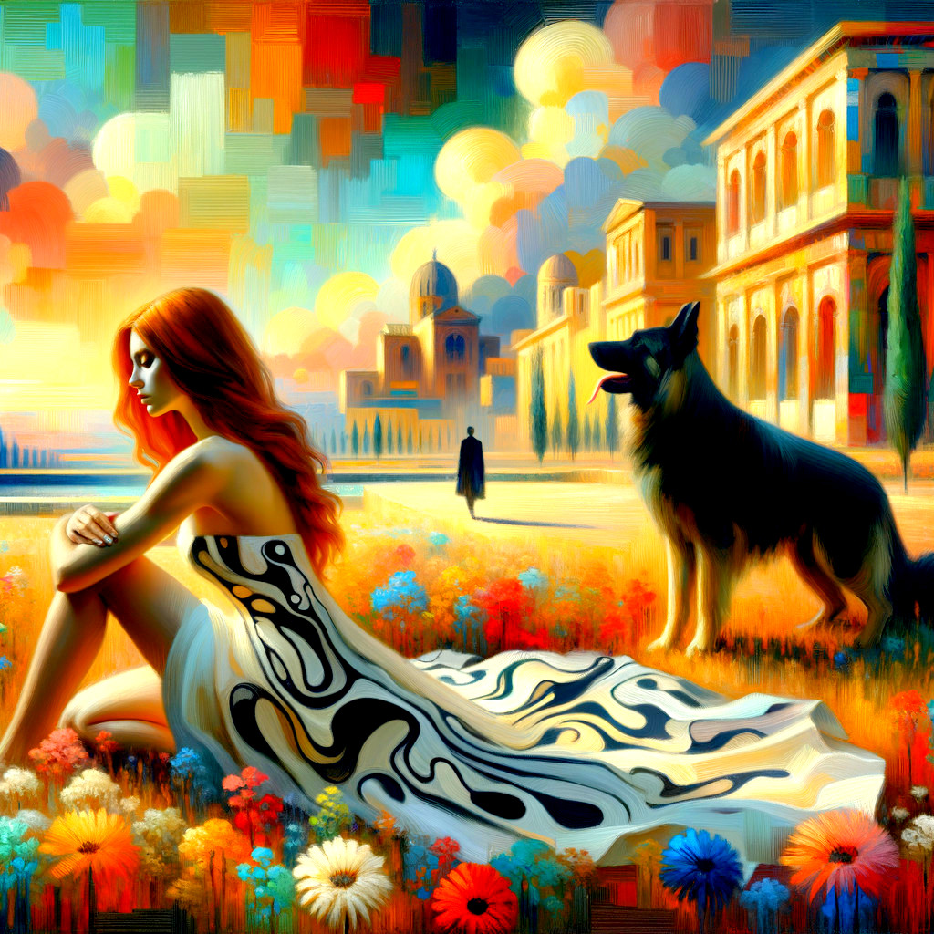 Vibrant Landscape with Woman and Cityscape Background