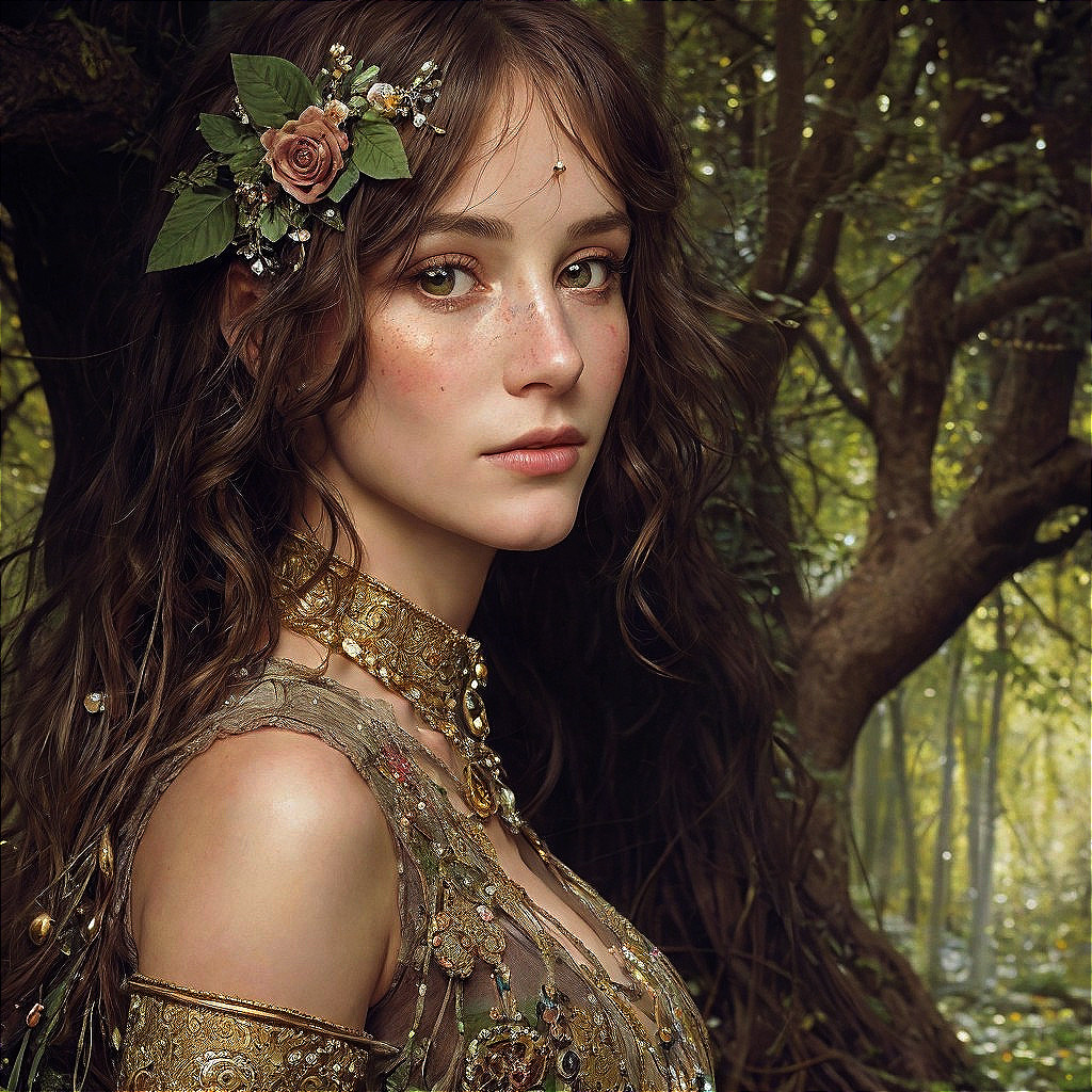 Young woman in enchanting forest with floral adornments