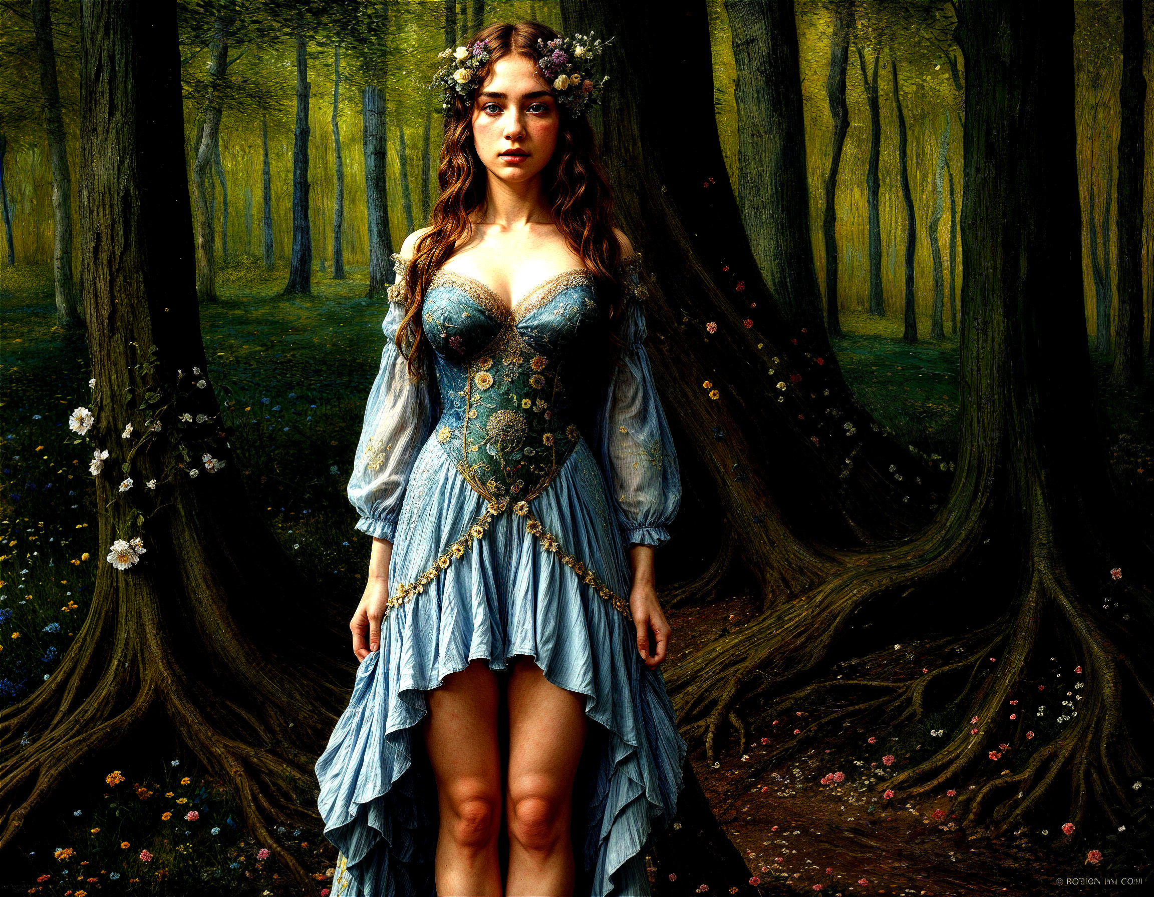 Young Woman in Mystical Forest with Flowing Dress