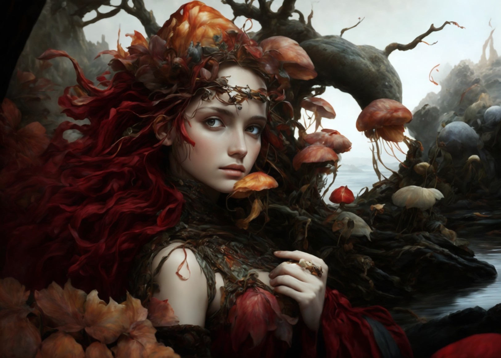 Mystical Landscape with Woman and Ethereal Elements