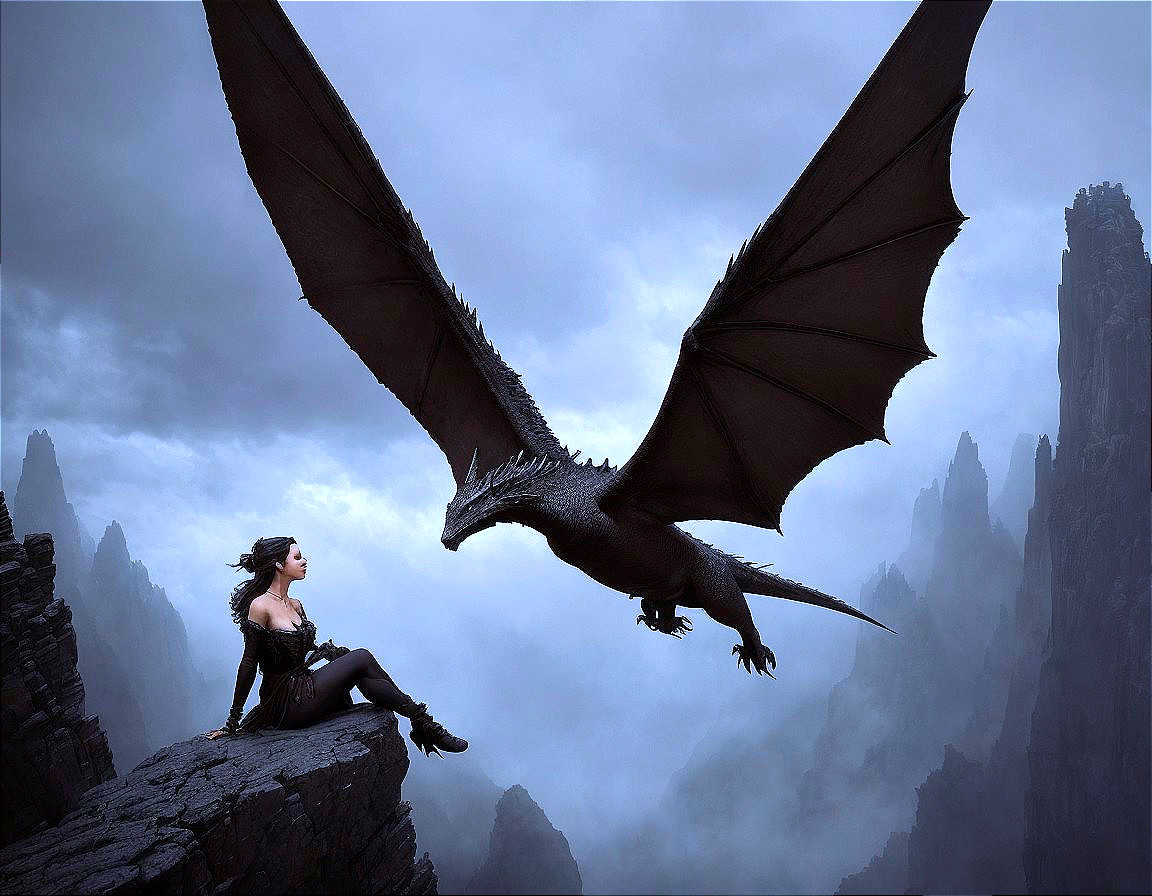 Black Dragon and Woman in Mystical Landscape Scene