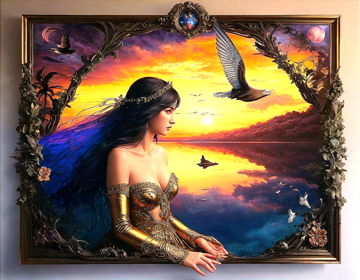 Serene Woman in Golden Attire by Vibrant Sunset Lake