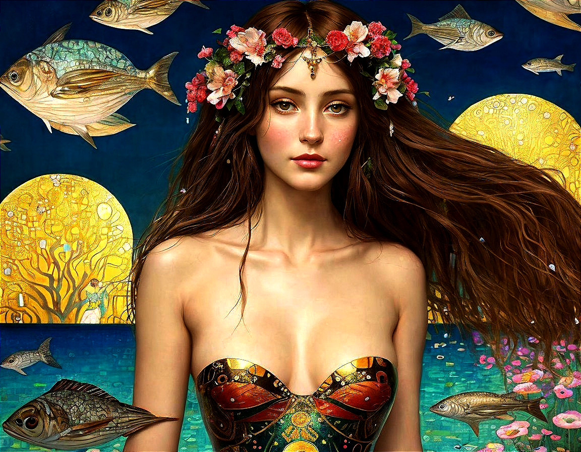 Serene Young Woman with Floral Crown and Aquatic Themes