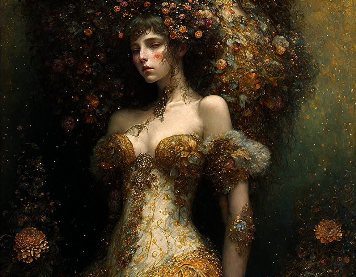 Intricate figure in gold gown with floral arrangement