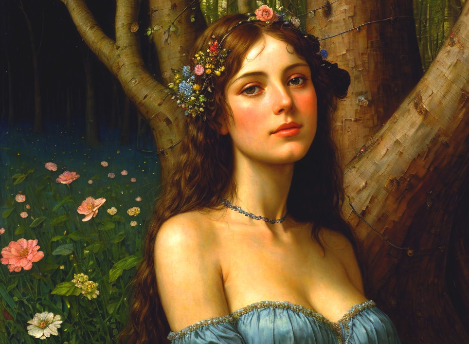 Serene Young Woman in Floral Dress by Tree Trunk