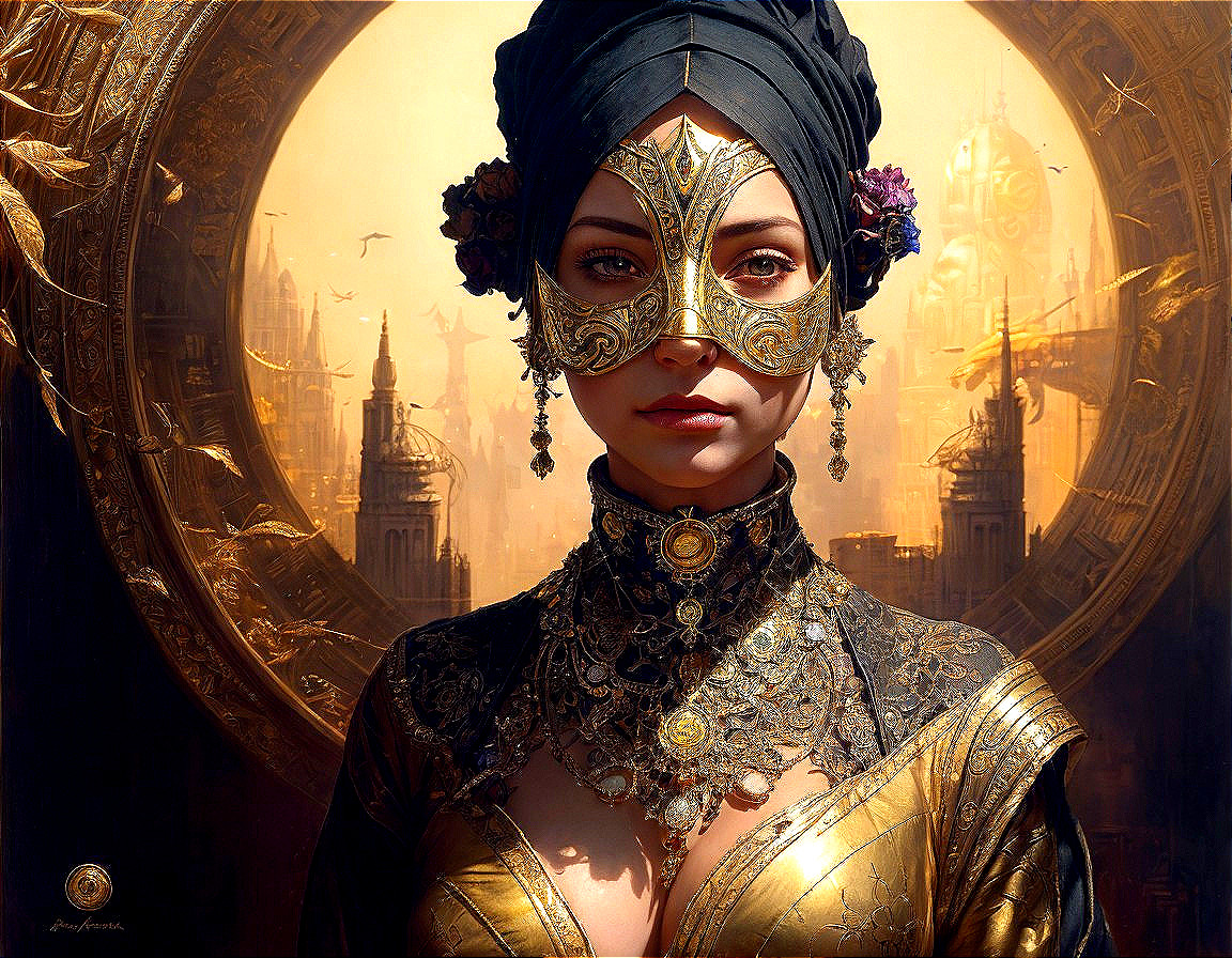 Golden Attire and Mask in a Fantastical Setting