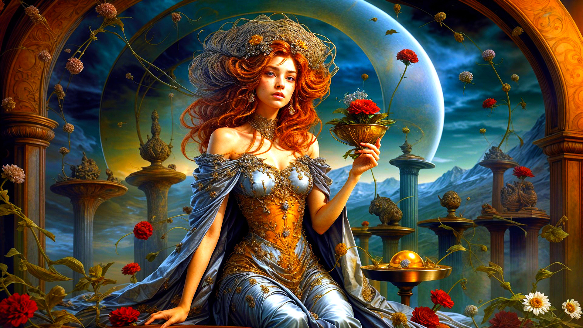 Majestic woman in gown with chalice and roses