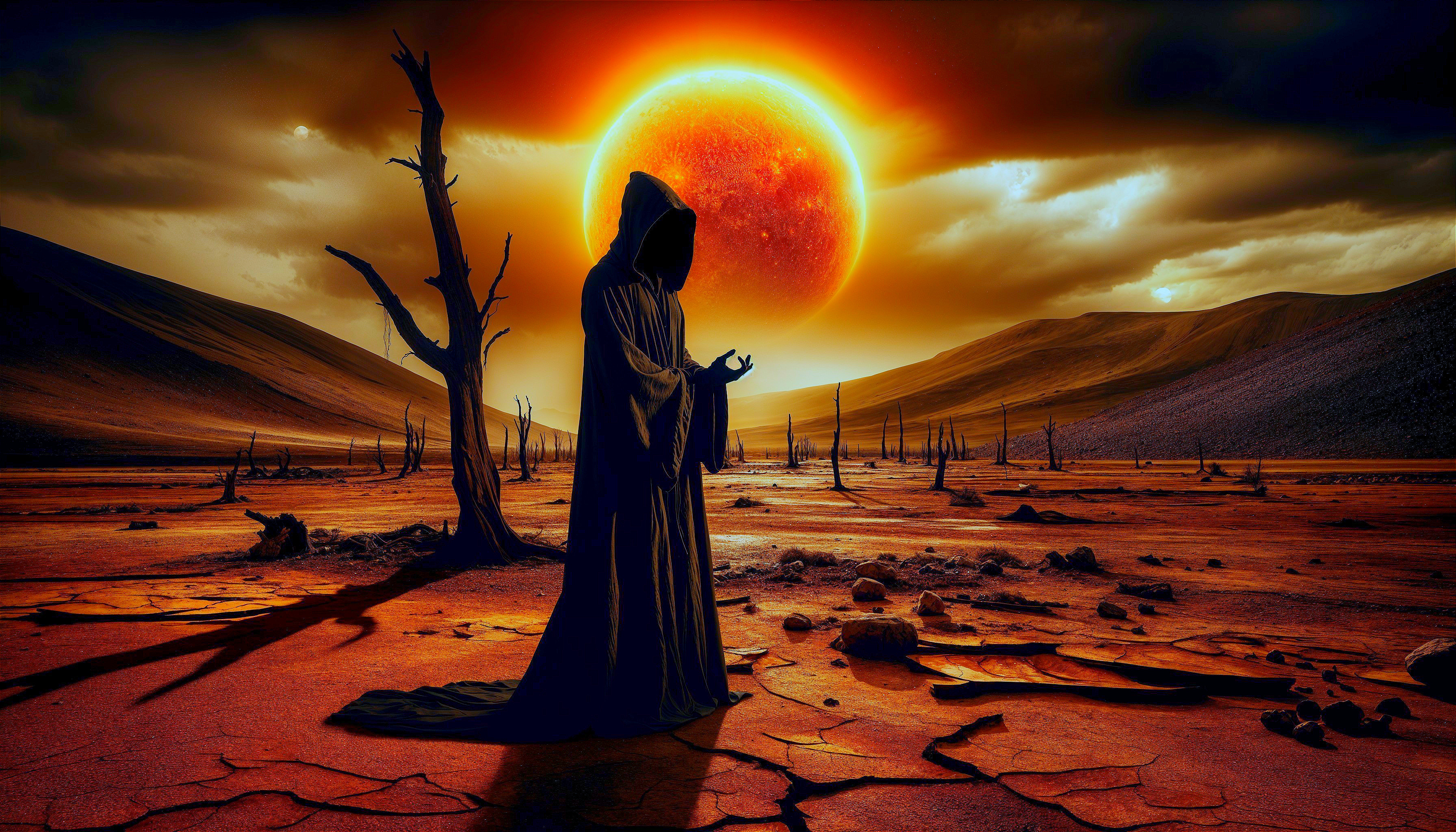Silhouetted Figure in Dark Robe Against Barren Landscape
