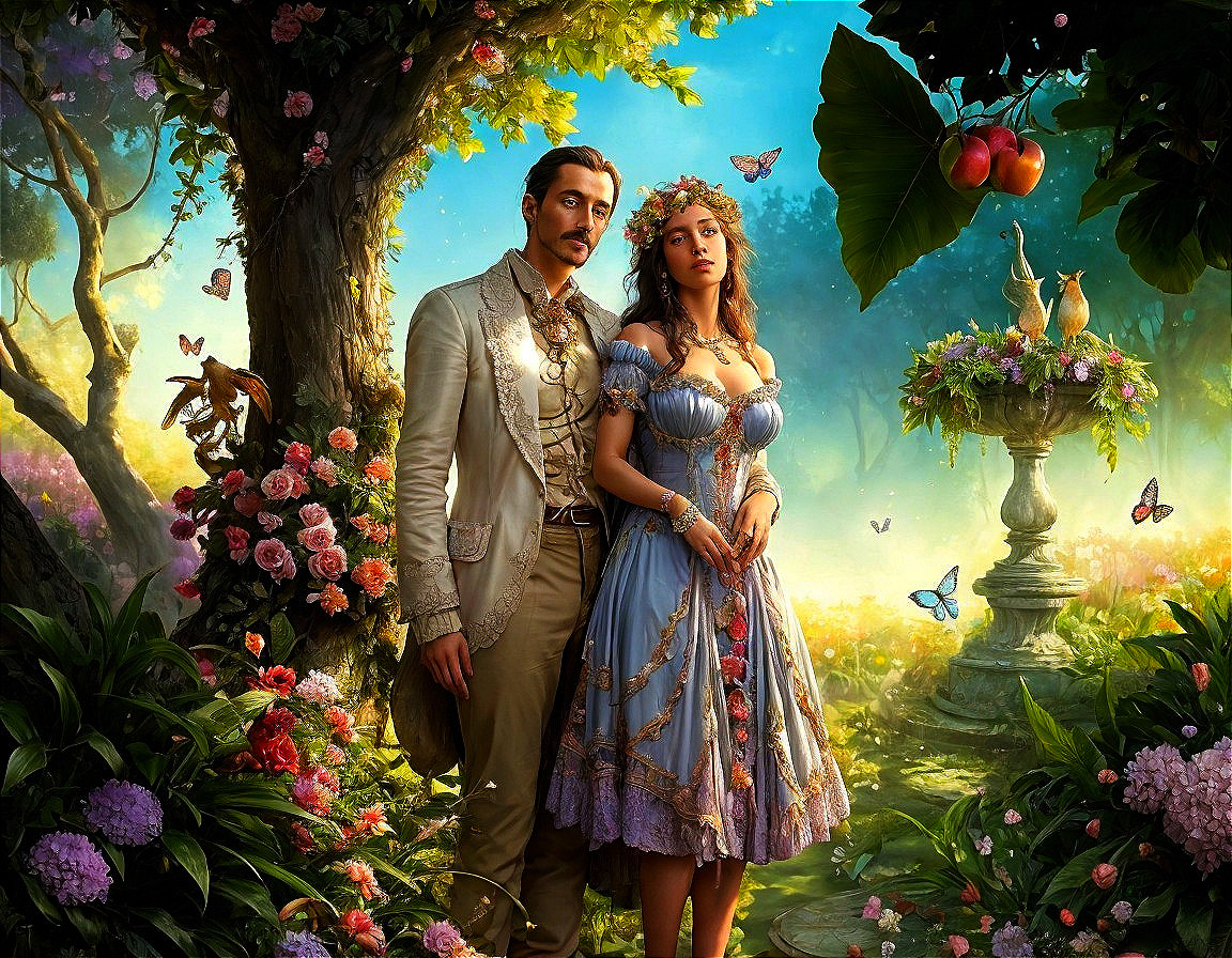 Couple in Whimsical Garden Surrounded by Flowers